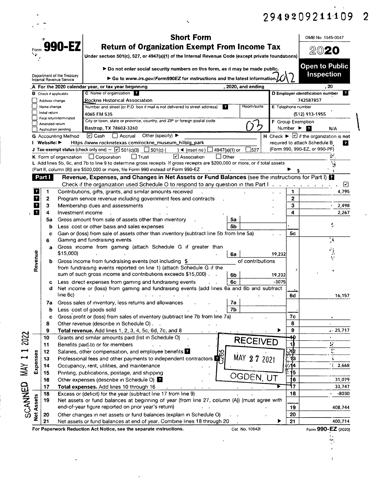 Image of first page of 2020 Form 990EZ for Rockne Historical Association