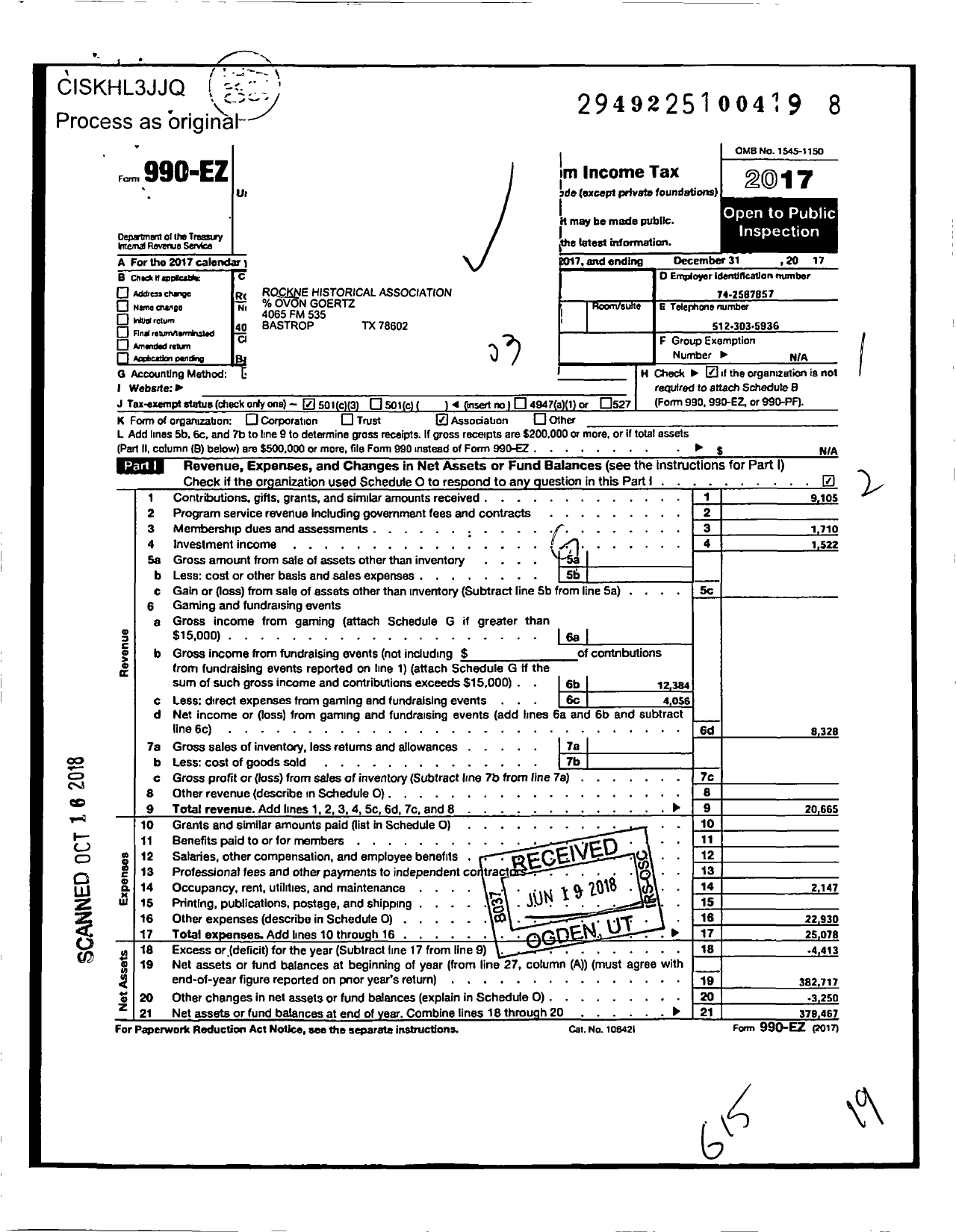 Image of first page of 2017 Form 990EZ for Rockne Historical Association