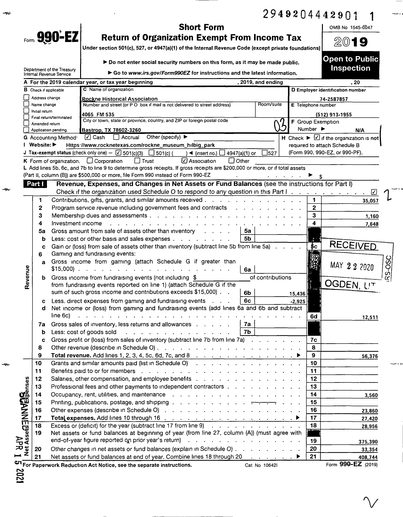 Image of first page of 2019 Form 990EZ for Rockne Historical Association