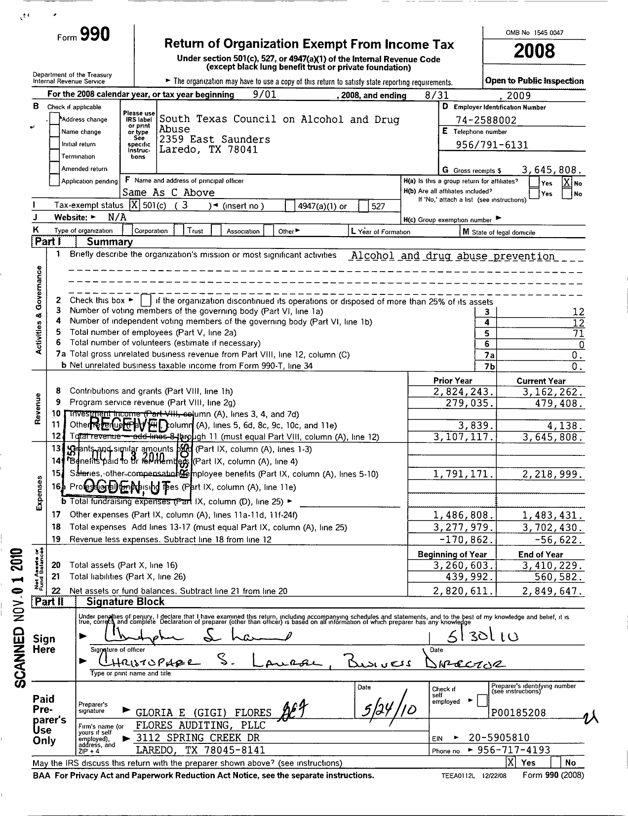Image of first page of 2008 Form 990 for South Texas Council on Alcohol and Drug Abuse