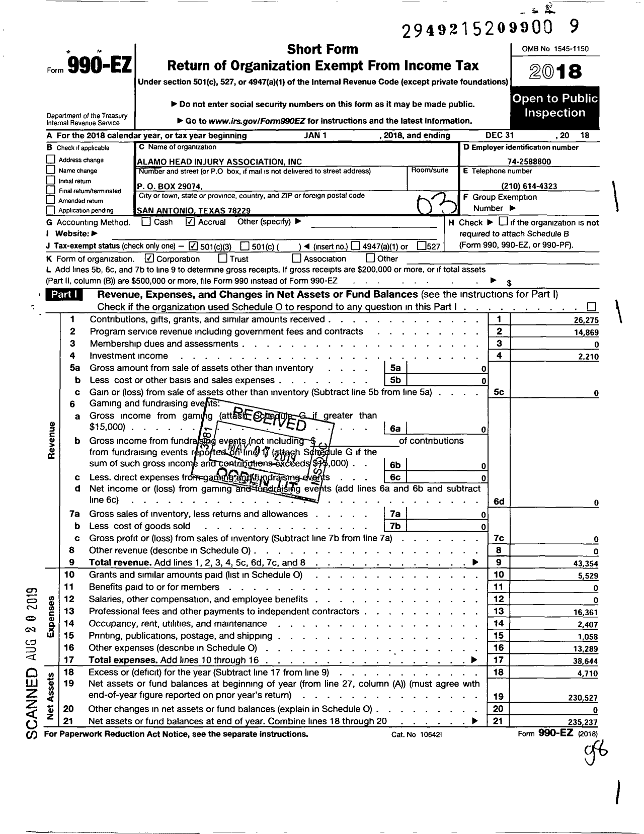 Image of first page of 2018 Form 990EZ for Alamo Head Injury Association