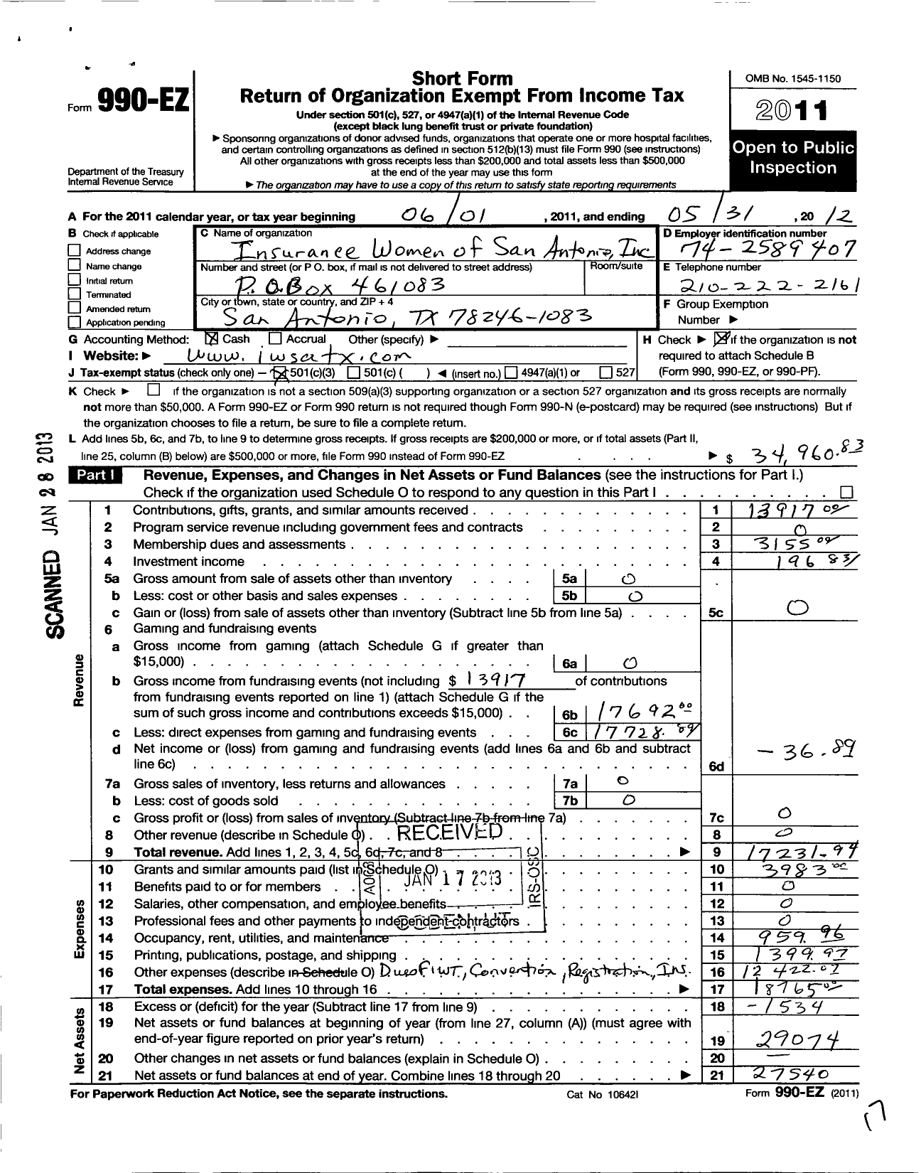 Image of first page of 2011 Form 990EZ for Insurance Women of San Antonio