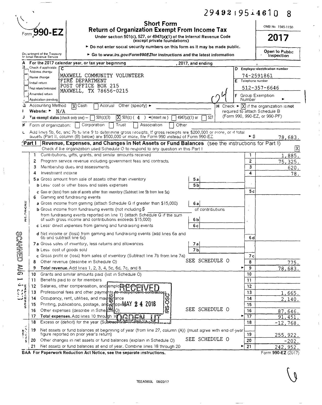 Image of first page of 2017 Form 990EO for Maxwell Community Volunteer Fire Department