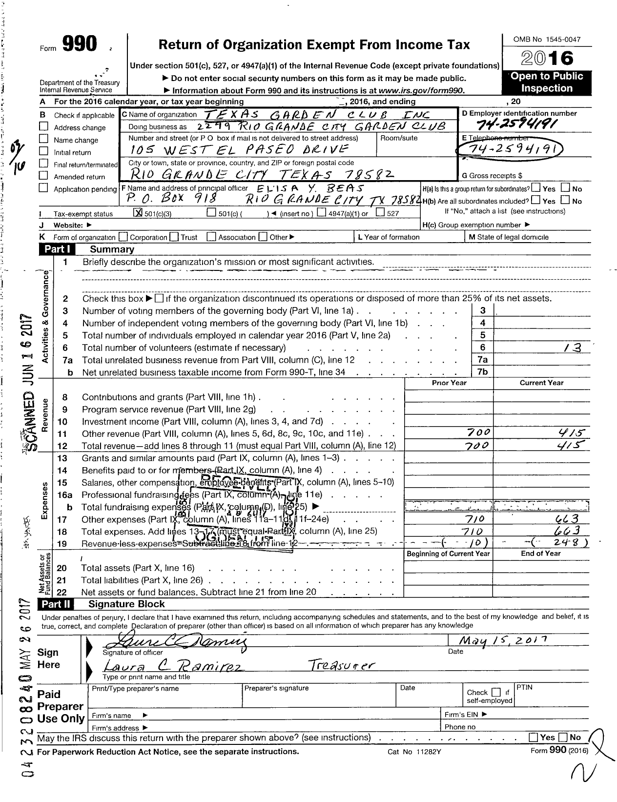 Image of first page of 2016 Form 990 for Texas Garden Clubs - 2299 Rio Grande City Garden Club