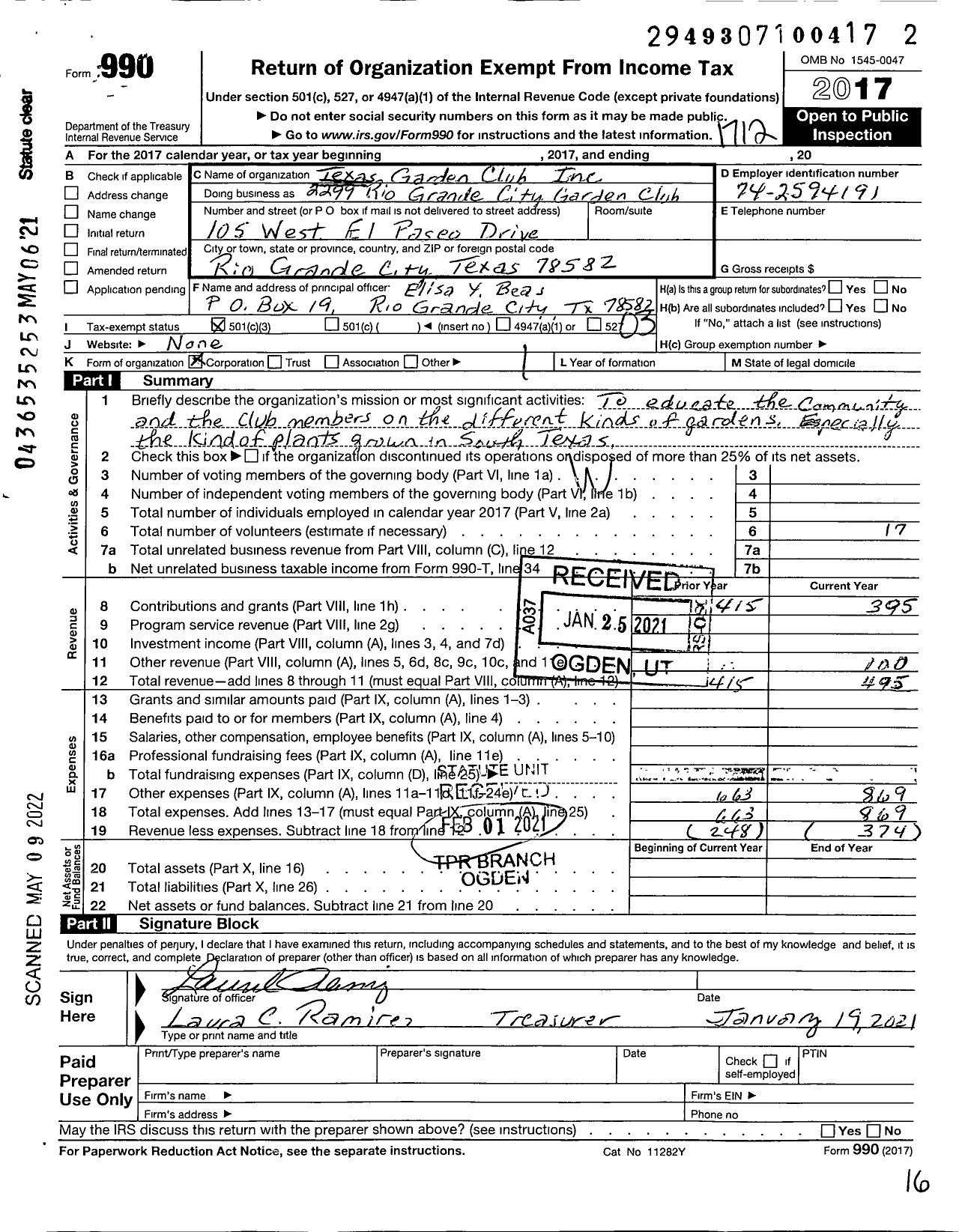 Image of first page of 2017 Form 990 for Texas Garden Clubs - 2299 Rio Grande City Garden Club