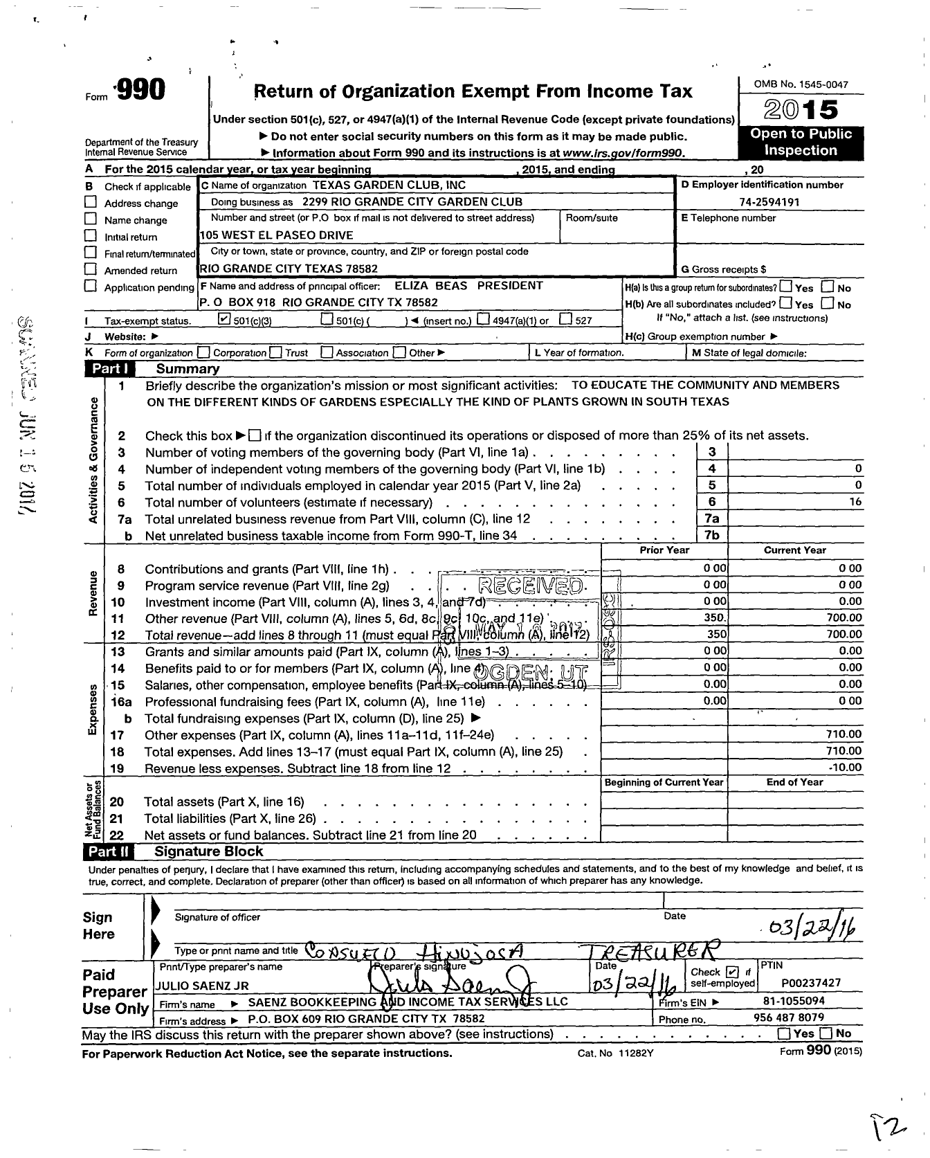 Image of first page of 2015 Form 990 for Texas Garden Clubs - 2299 Rio Grande City Garden Club