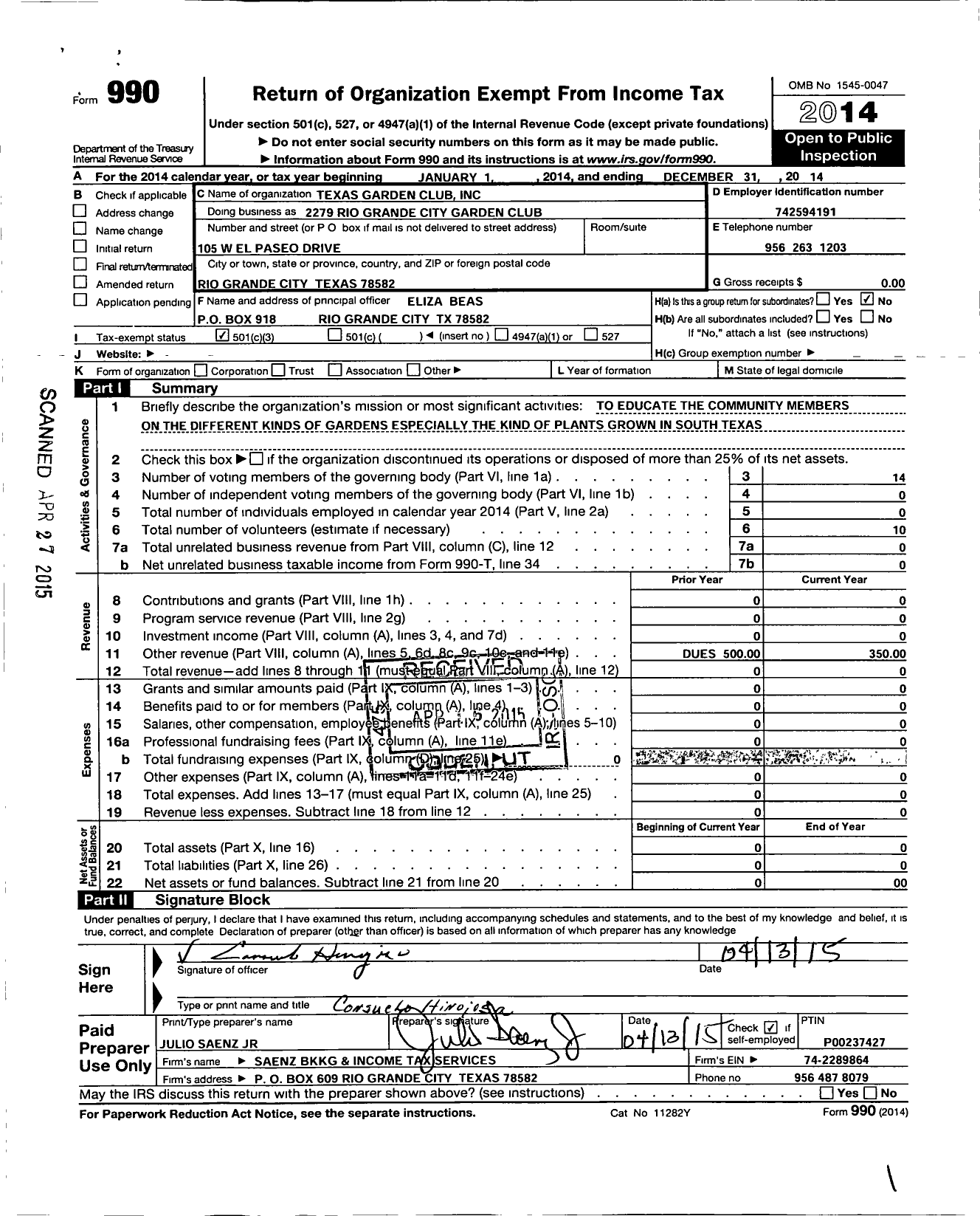 Image of first page of 2014 Form 990 for Texas Garden Clubs - 2299 Rio Grande City Garden Club
