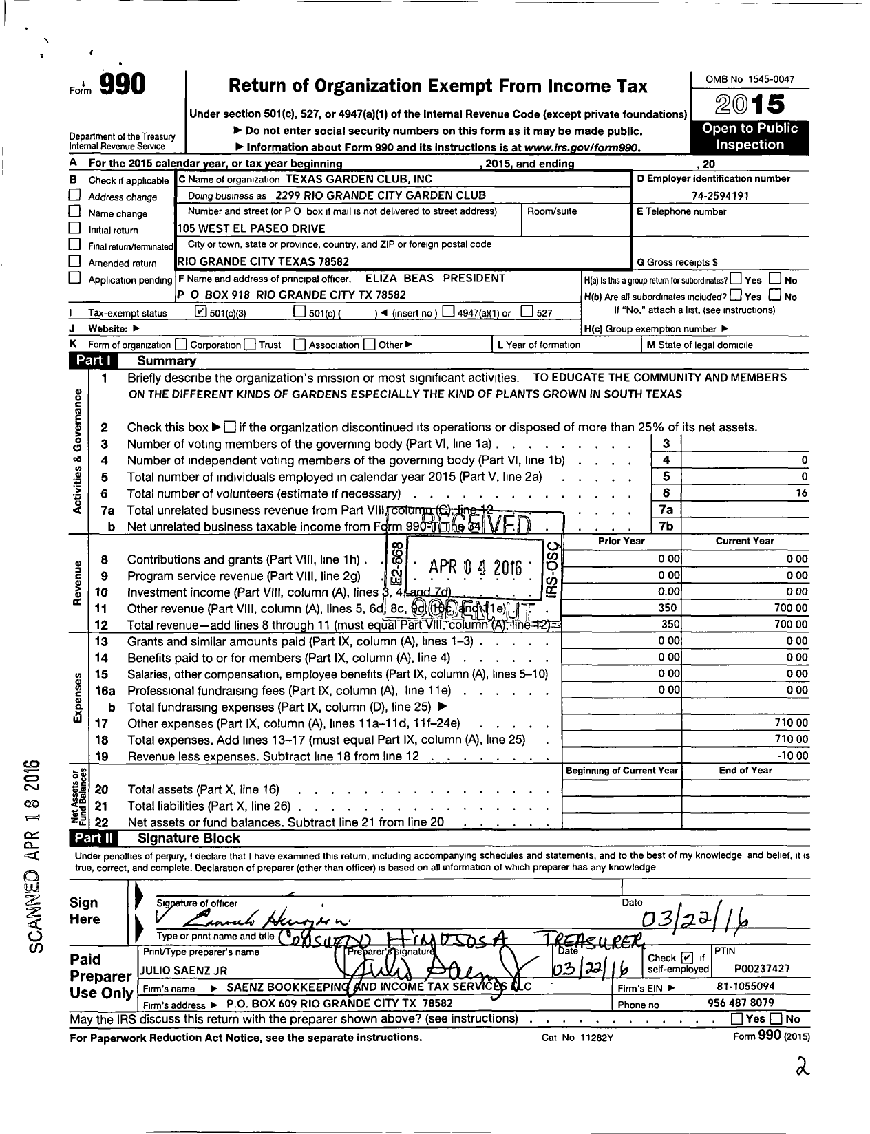 Image of first page of 2015 Form 990 for Texas Garden Clubs - 2299 Rio Grande City Garden Club