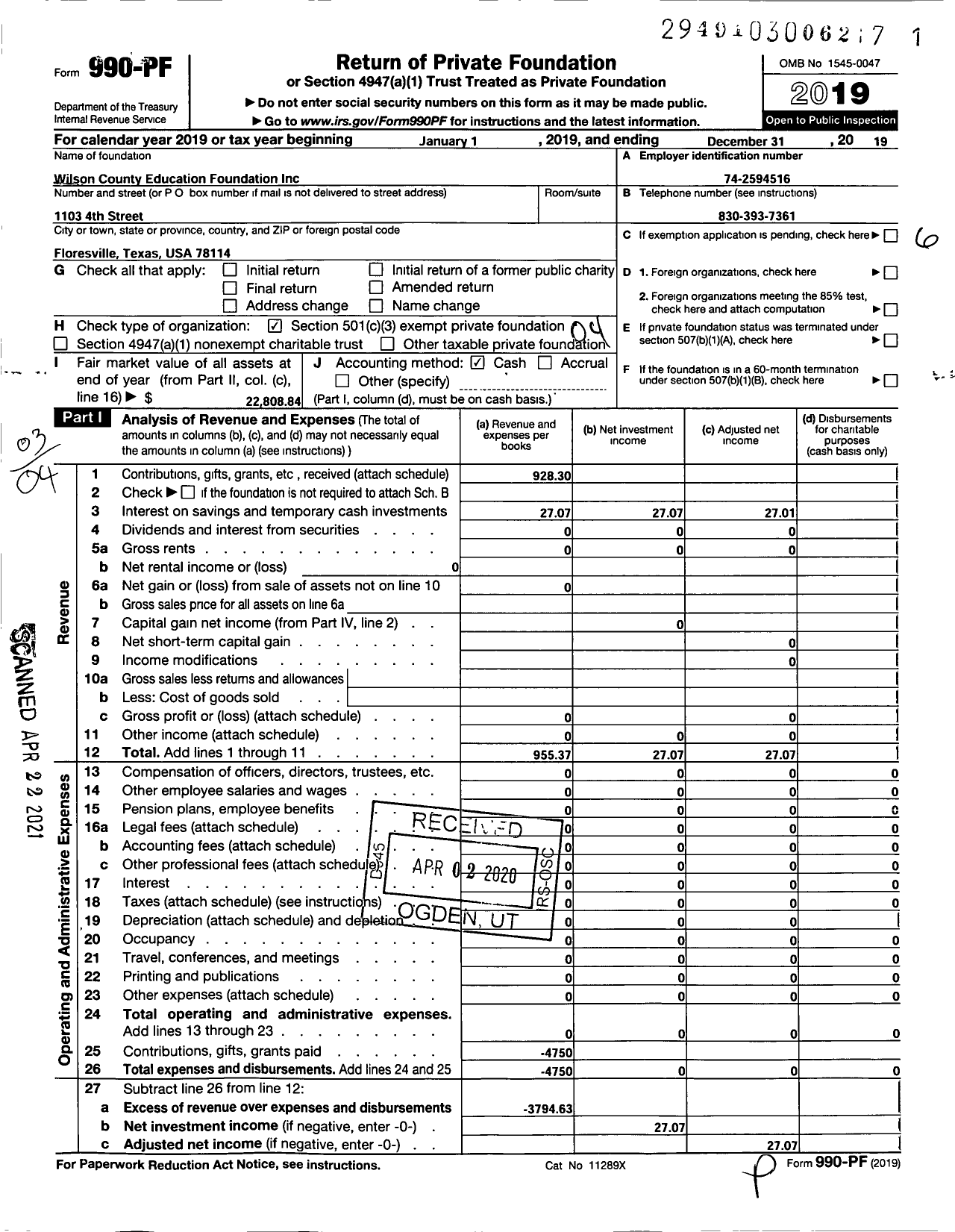 Image of first page of 2019 Form 990PF for Wilson County Education Foundation