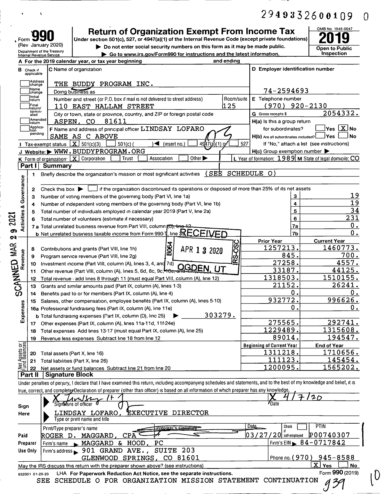 Image of first page of 2019 Form 990 for The Buddy Program