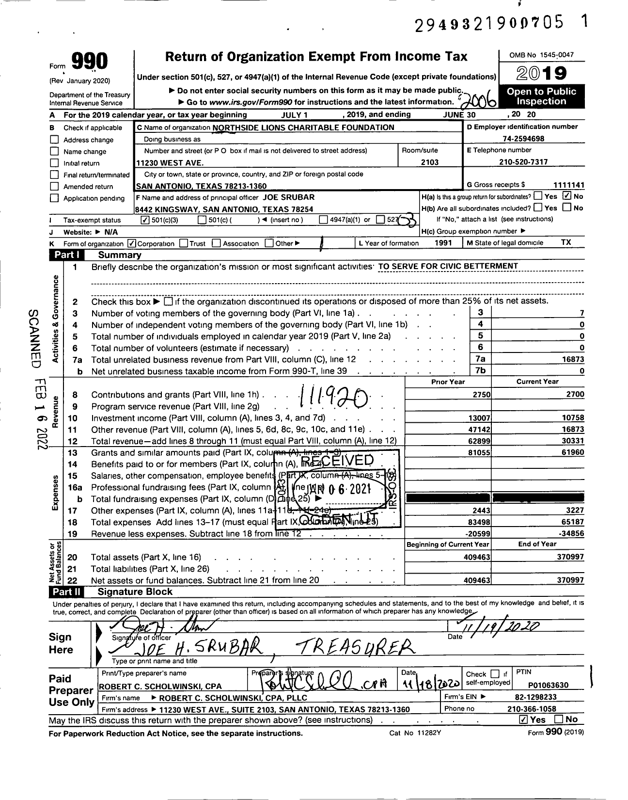 Image of first page of 2019 Form 990 for Northside Lions Charitable Foundation