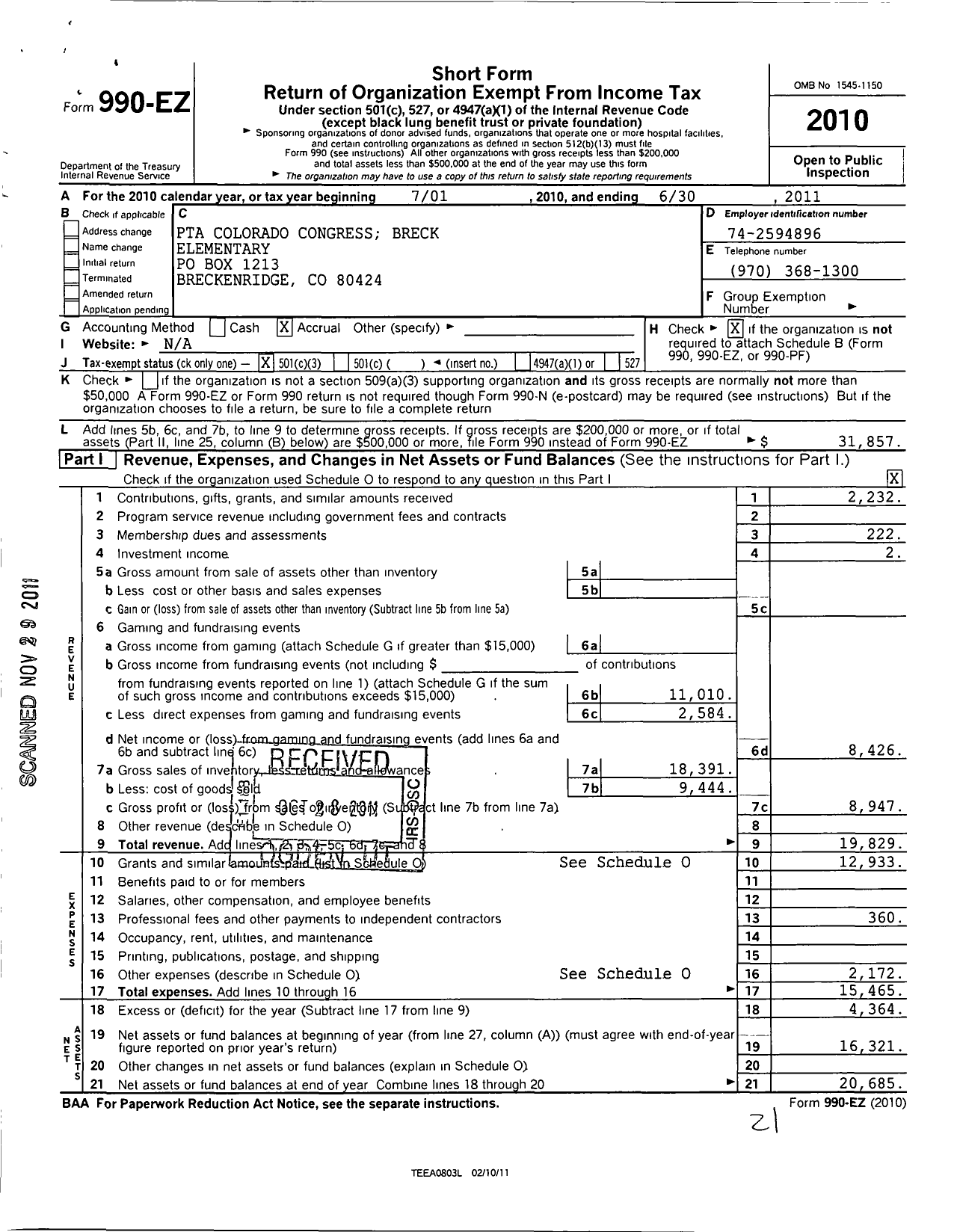 Image of first page of 2010 Form 990EZ for PTA Colorado Congress / Breckenridge PTA