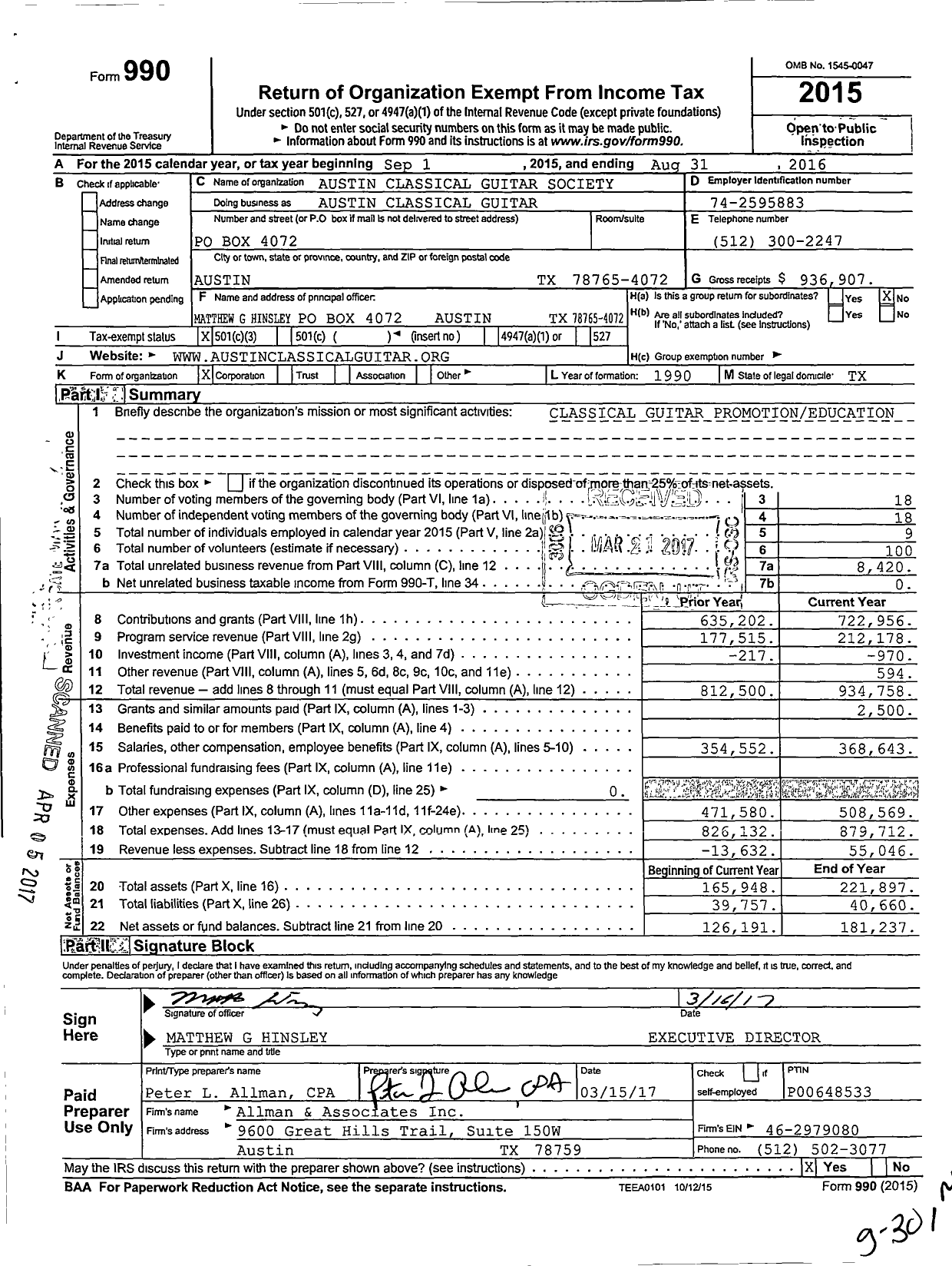 Image of first page of 2015 Form 990 for Austin Classical Guitar (ACG)