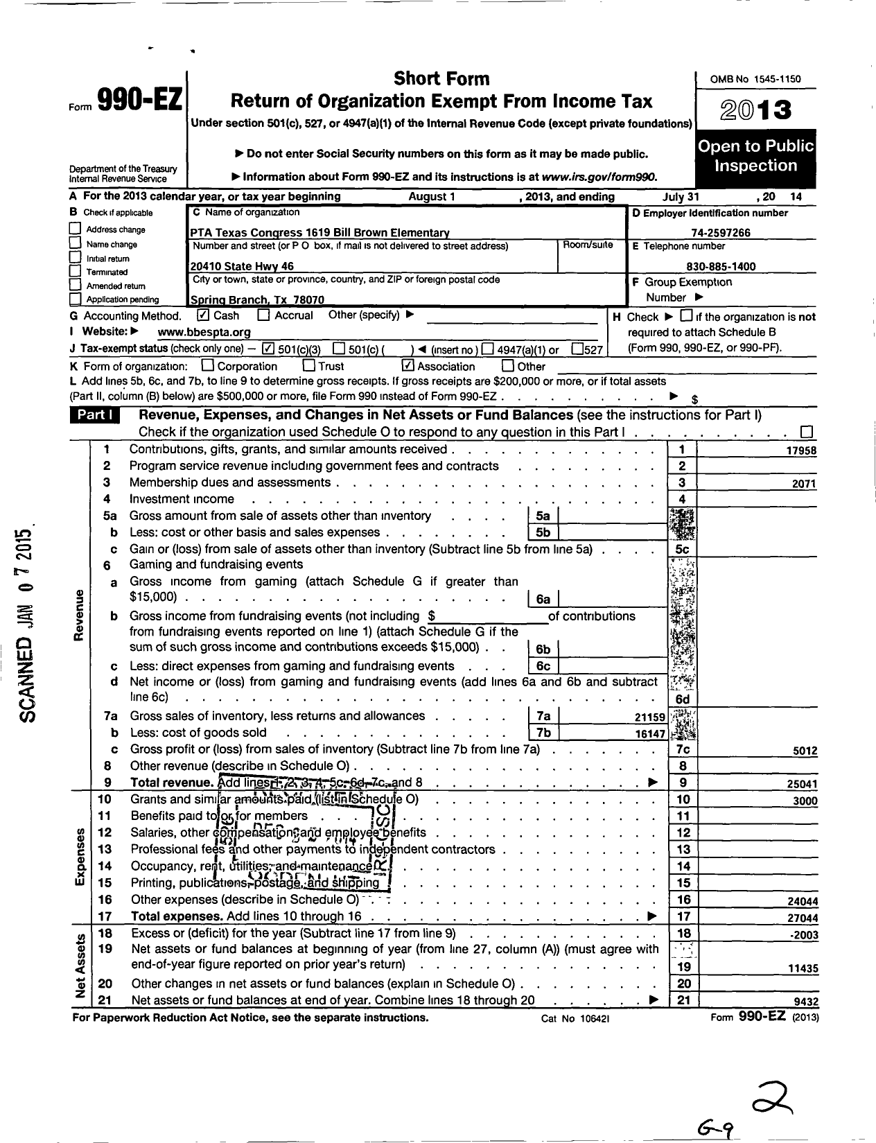 Image of first page of 2013 Form 990EZ for Texas PTA - 1619 Bill Brown Elementary