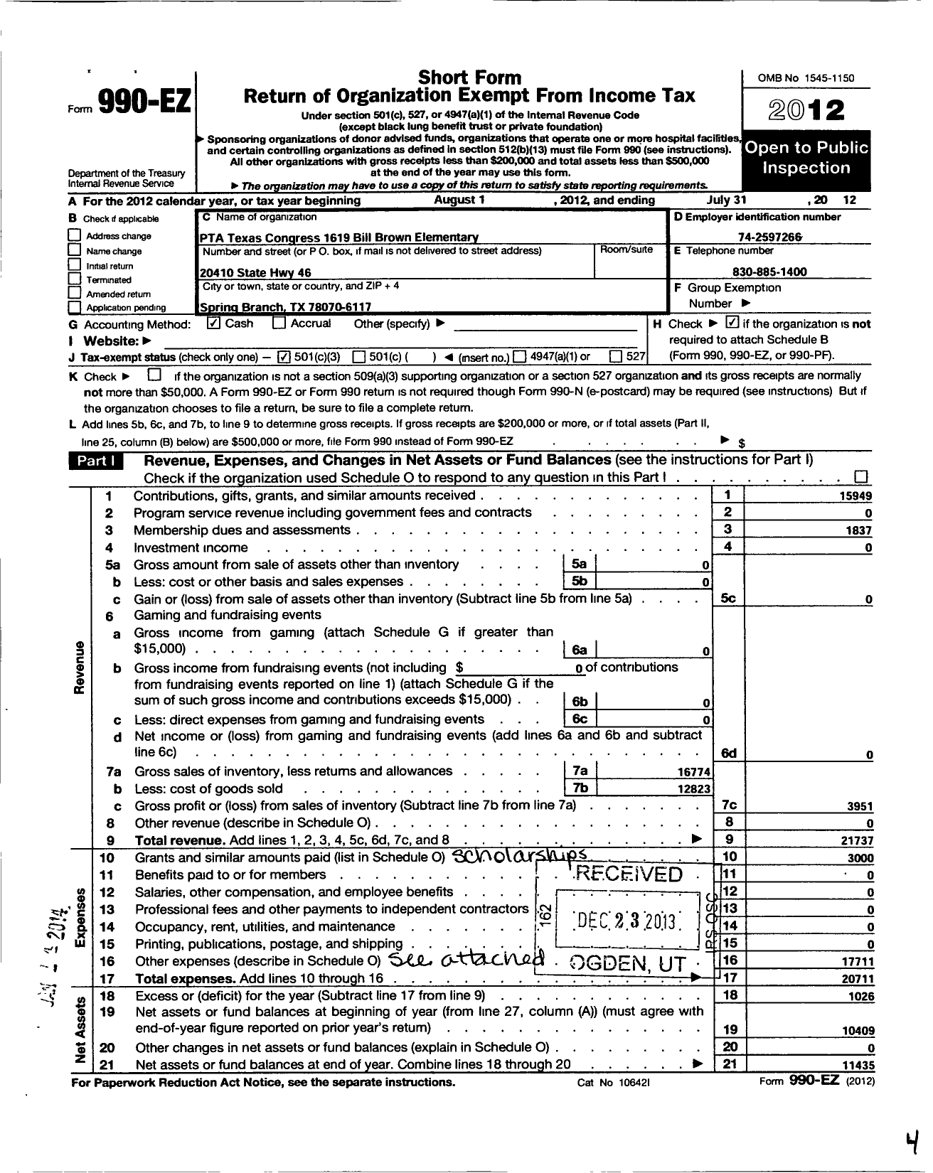 Image of first page of 2011 Form 990EZ for Texas PTA - 1619 Bill Brown Elementary