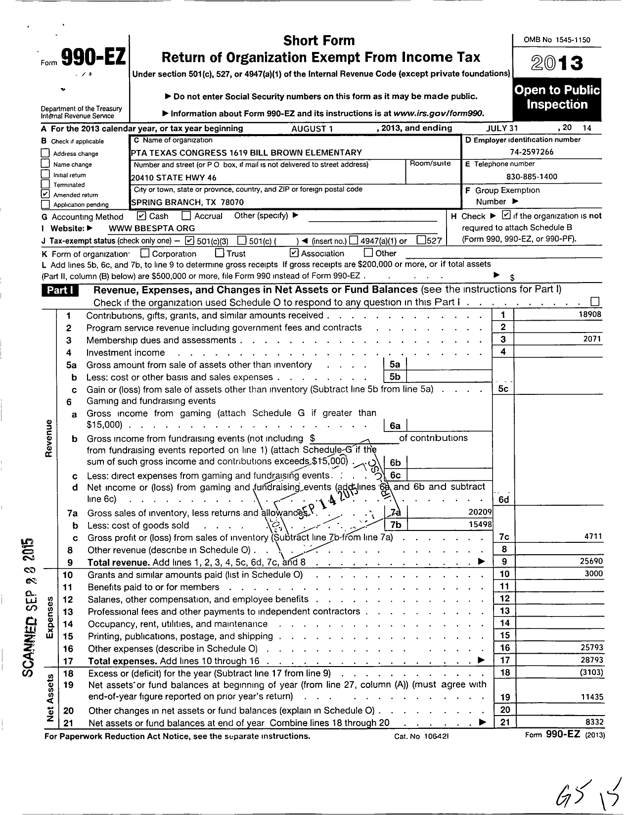 Image of first page of 2013 Form 990EZ for Texas PTA - 1619 Bill Brown Elementary