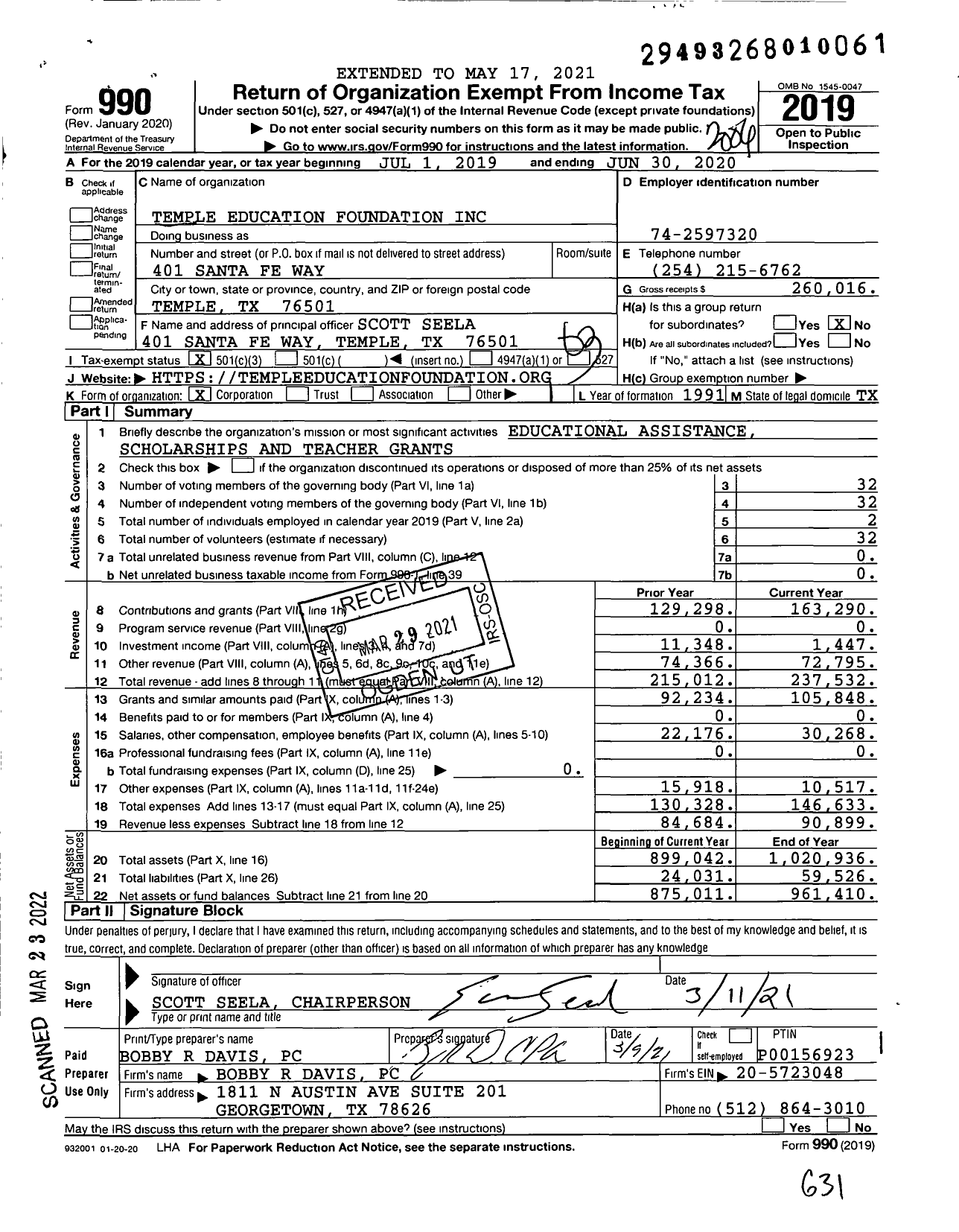 Image of first page of 2019 Form 990 for Temple Education Foundation