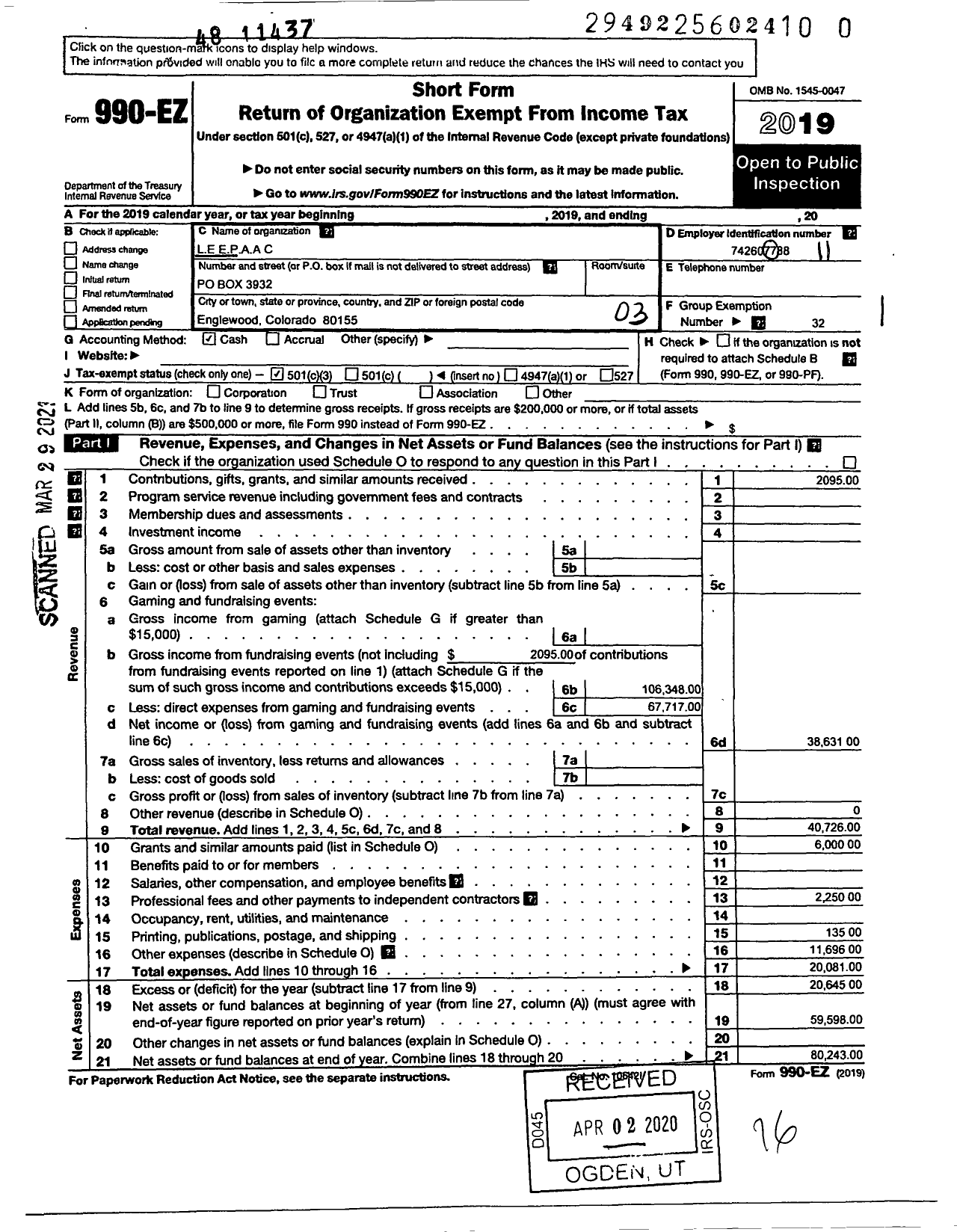 Image of first page of 2019 Form 990EZ for Law Enforcement Explorer Post Advisors Association of Colorado