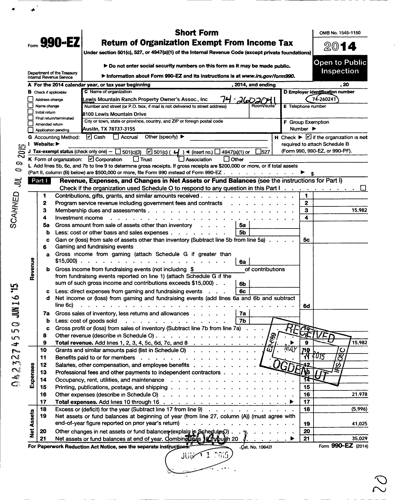 Image of first page of 2014 Form 990EO for Lewis Mountain Ranch Property Owners Association