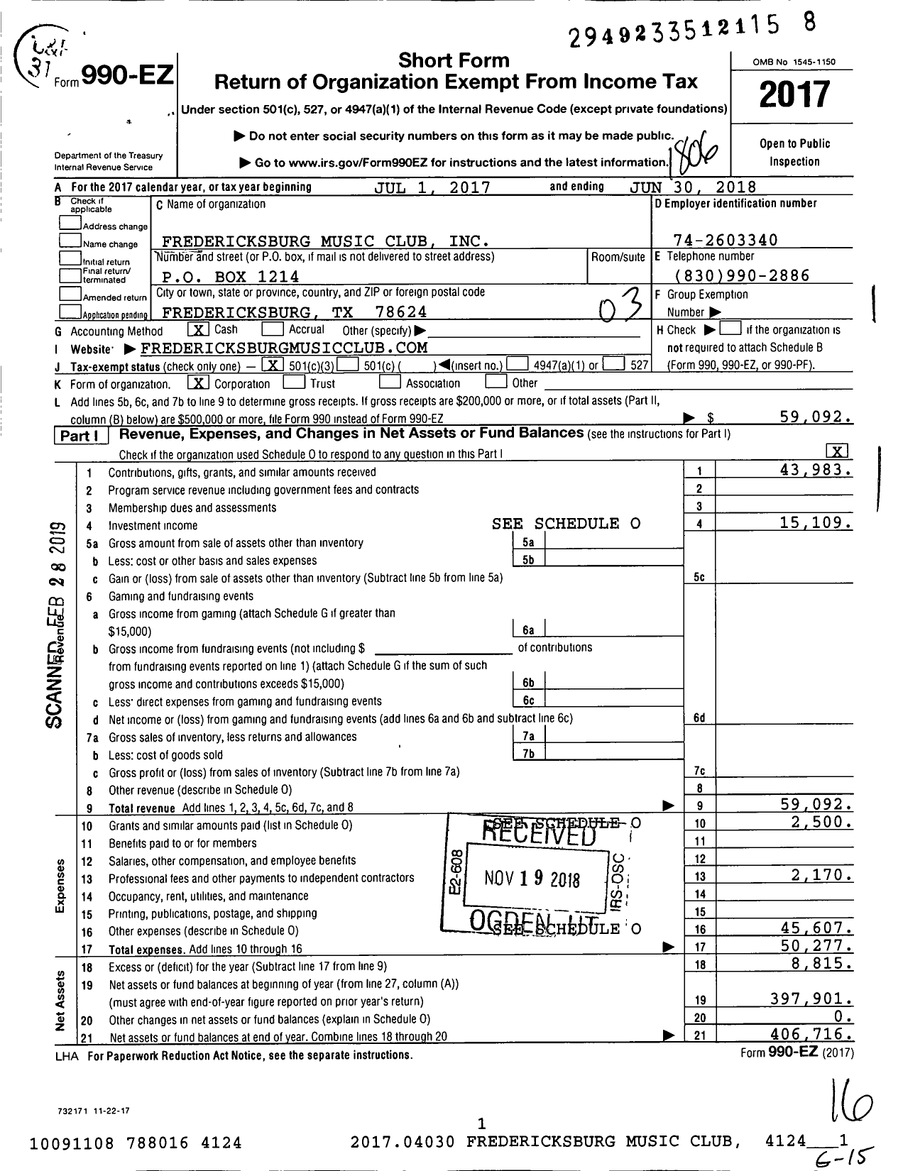 Image of first page of 2017 Form 990EZ for Fredericksburg Music Club