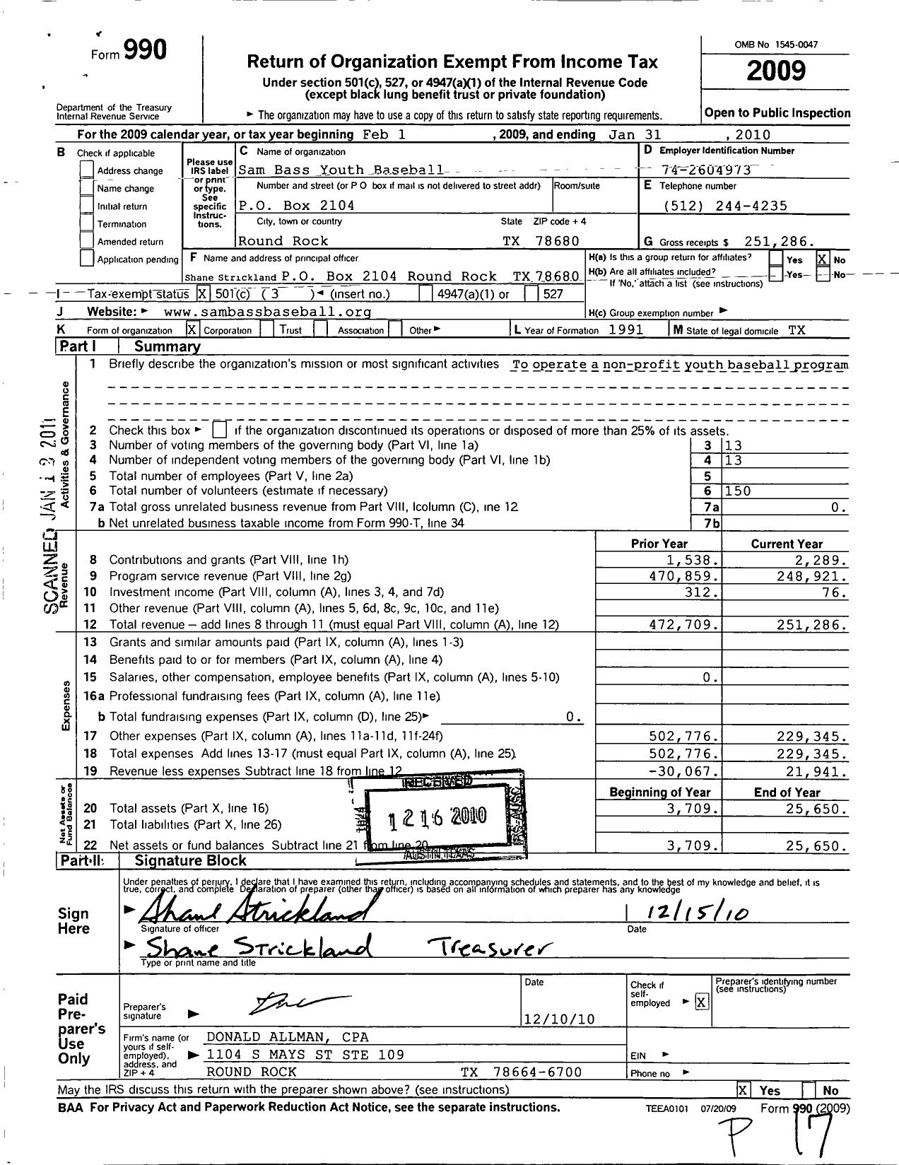 Image of first page of 2009 Form 990 for Sam Bass of Round Rock Youth Base- Ball