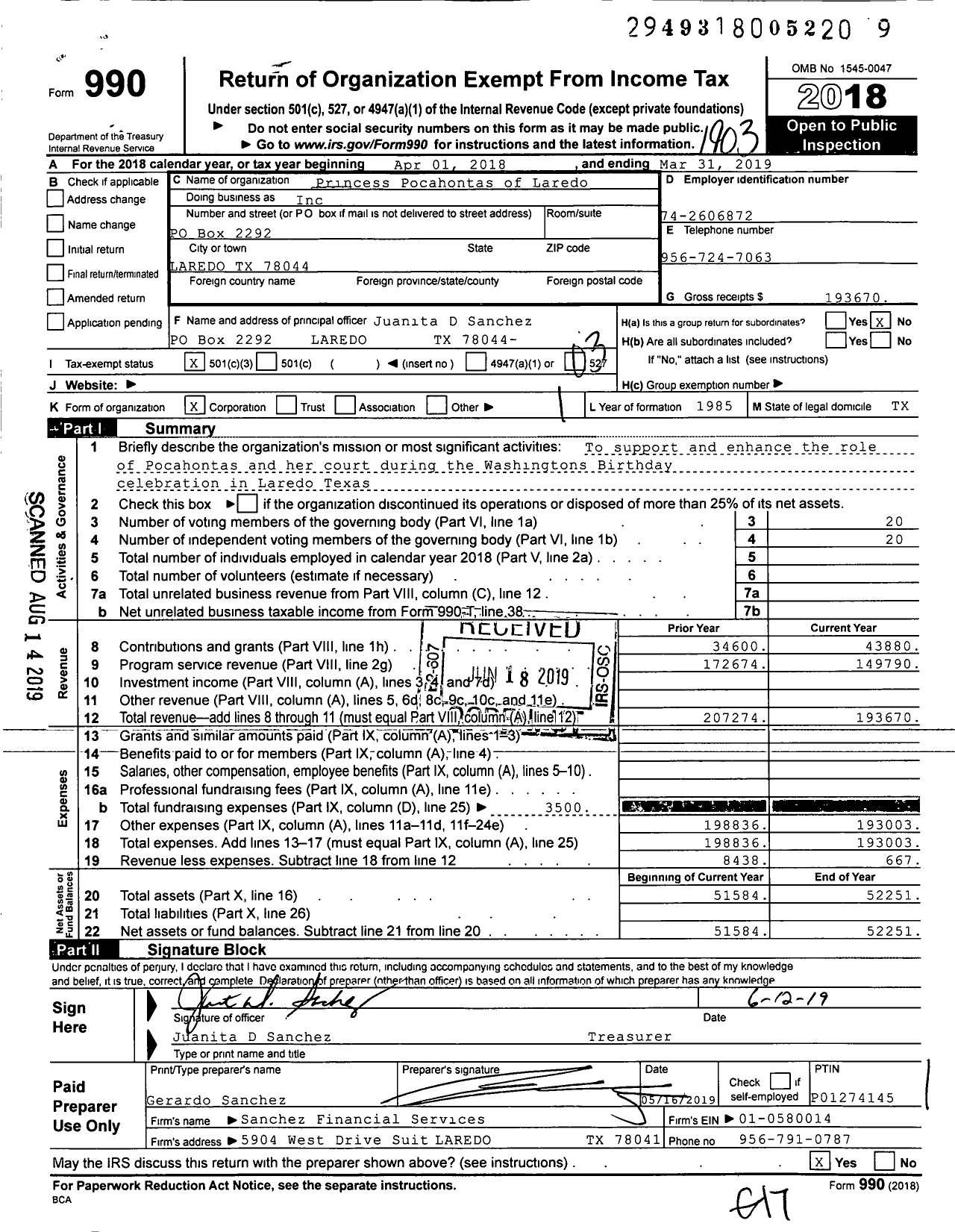 Image of first page of 2018 Form 990 for Princess Pocahontas of Laredo