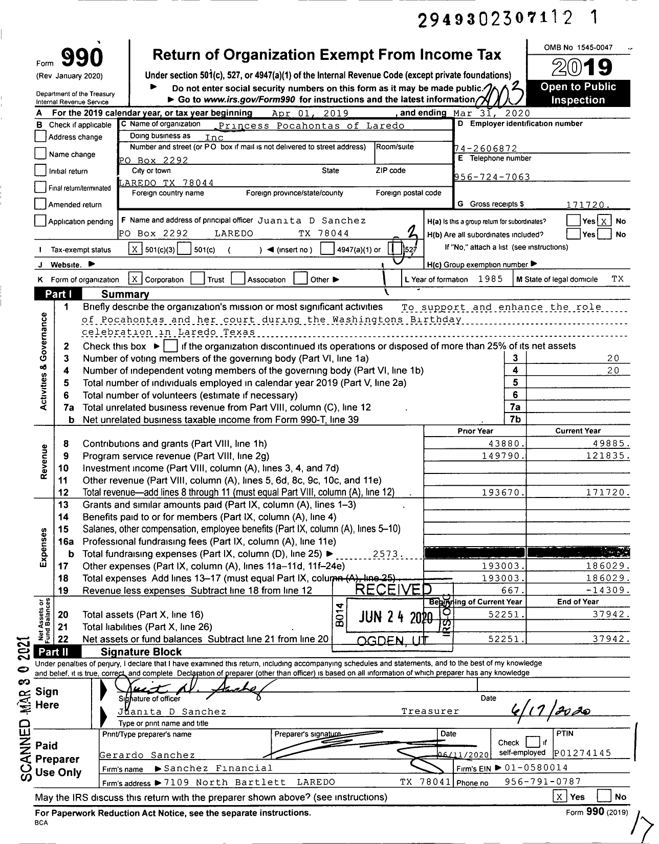 Image of first page of 2019 Form 990 for Princess Pocahontas of Laredo