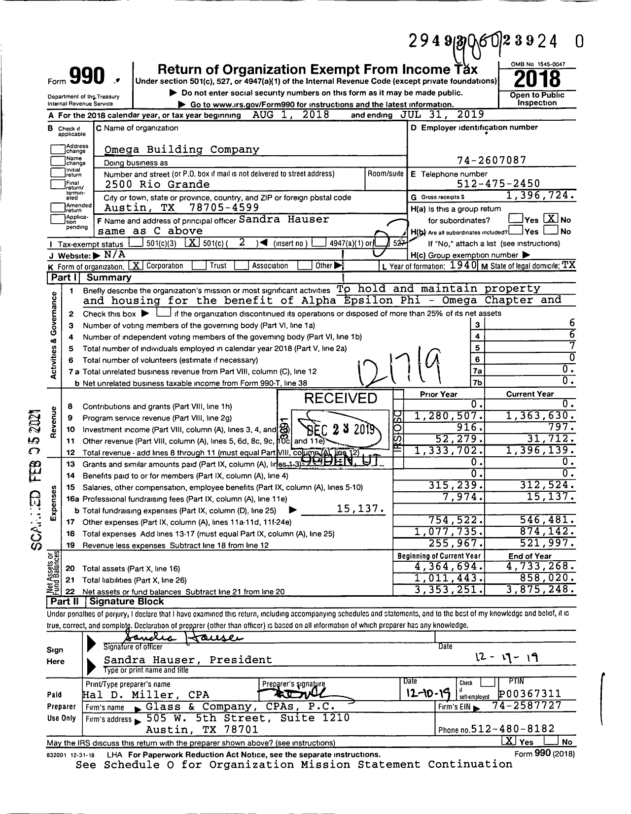 Image of first page of 2018 Form 990O for Omega Building Company of Austin Texas