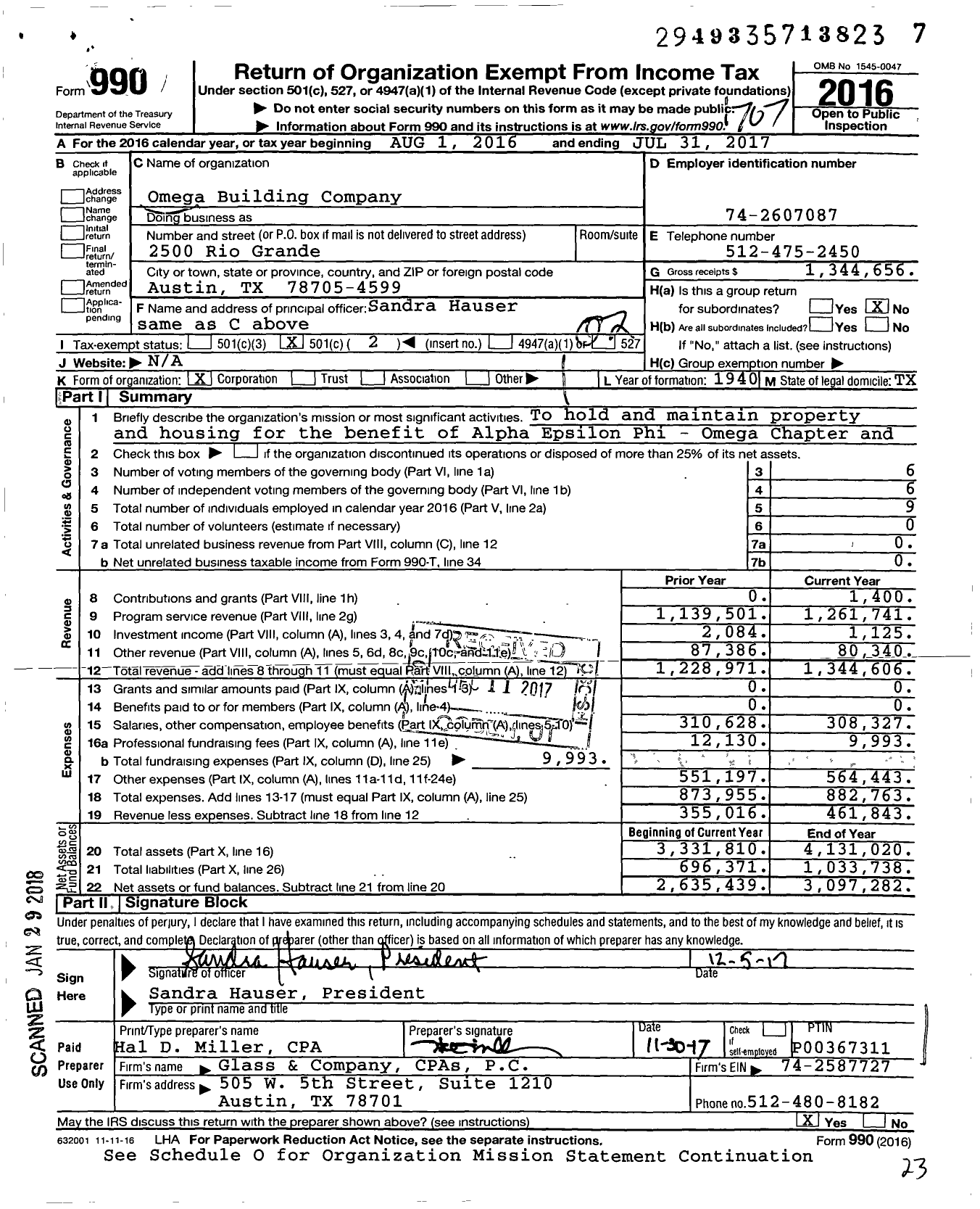 Image of first page of 2016 Form 990O for Omega Building Company of Austin Texas