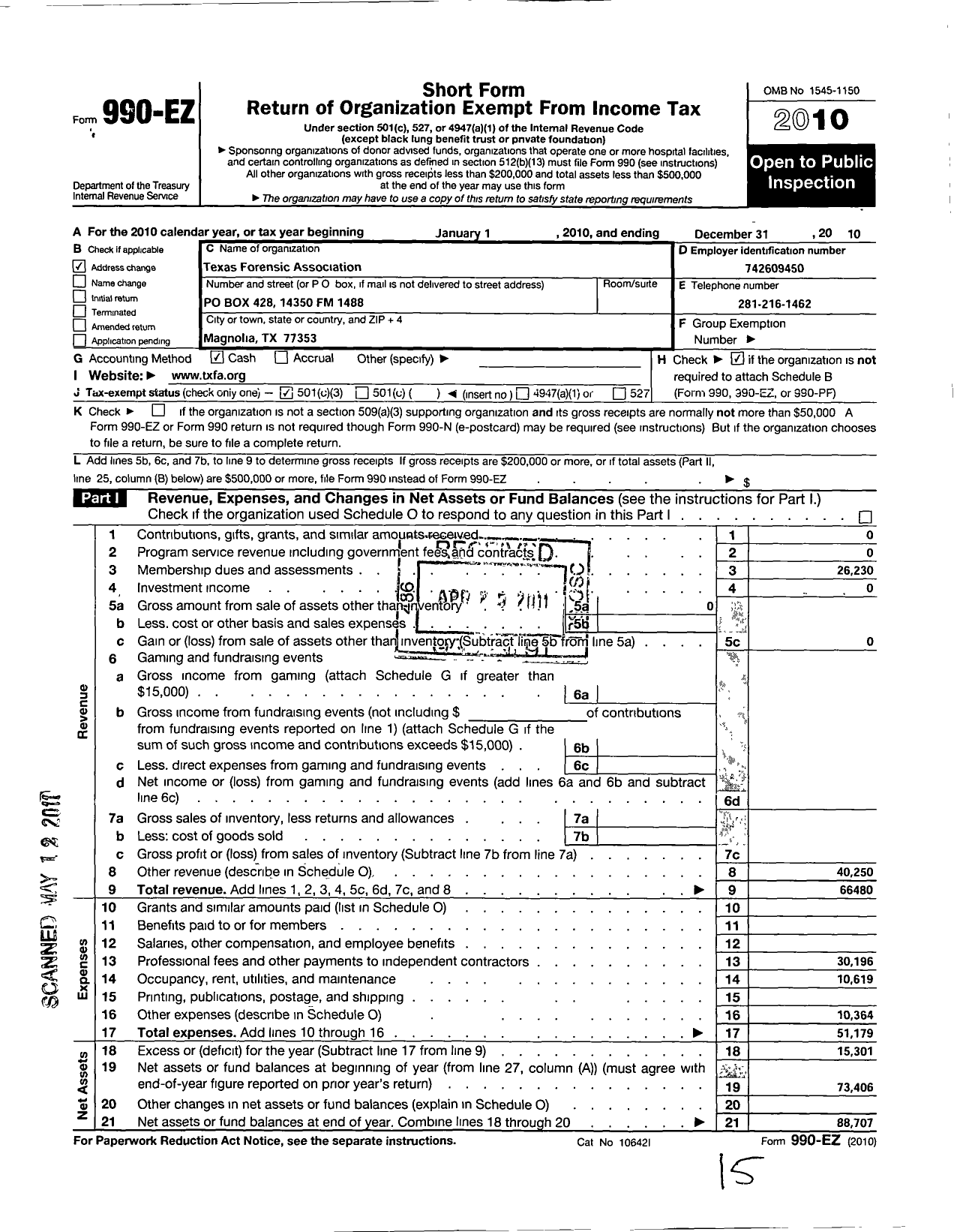 Image of first page of 2010 Form 990EZ for Texas Forensic Association