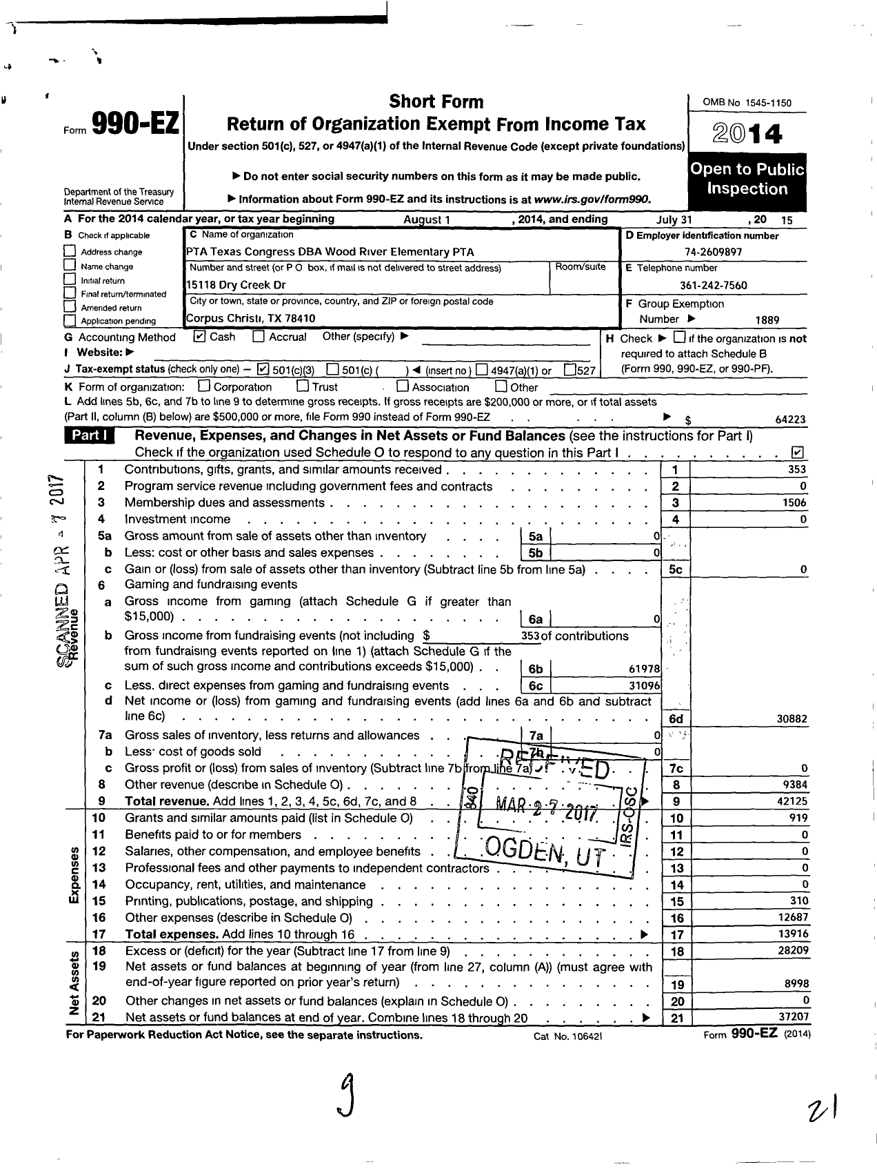 Image of first page of 2014 Form 990EZ for Texas PTA - Wood River Elementary PTA