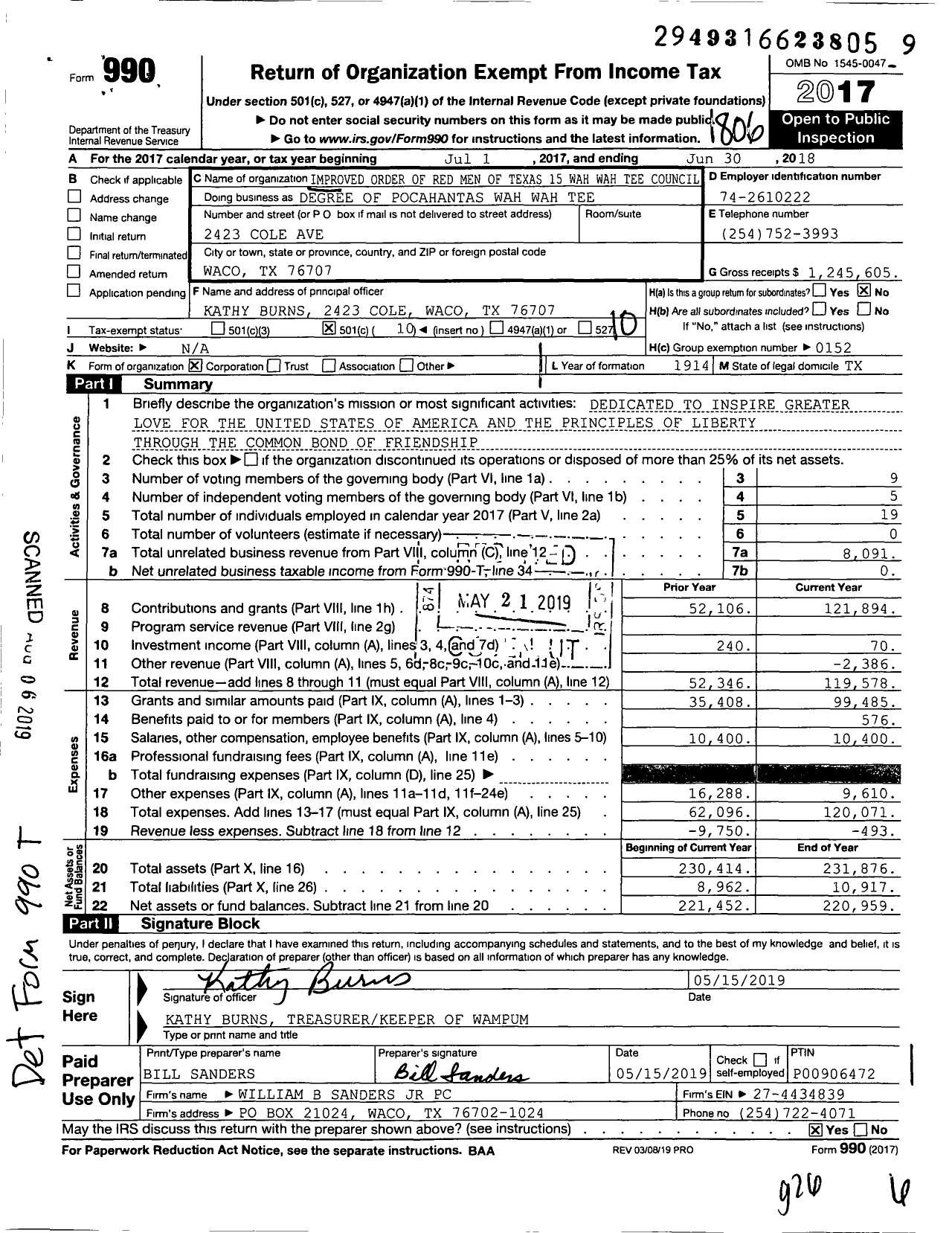 Image of first page of 2017 Form 990O for Improved Order of Red Men of Texas Great Council - 15 Wah-Wah-Tee Council