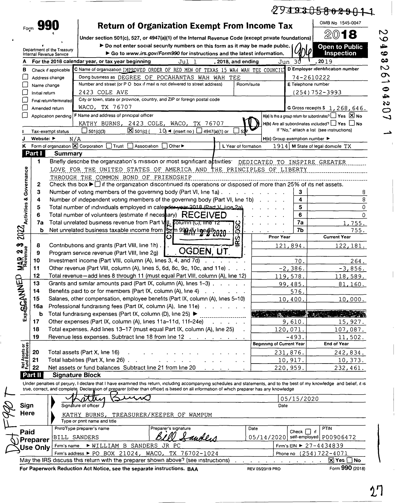 Image of first page of 2018 Form 990O for Improved Order of Red Men of Texas Great Council - 15 Wah-Wah-Tee Council