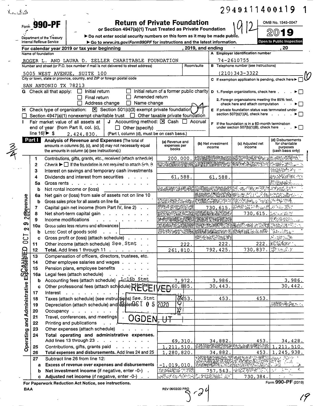 Image of first page of 2019 Form 990PF for Roger L and Laura D Zeller Charitable Foundation