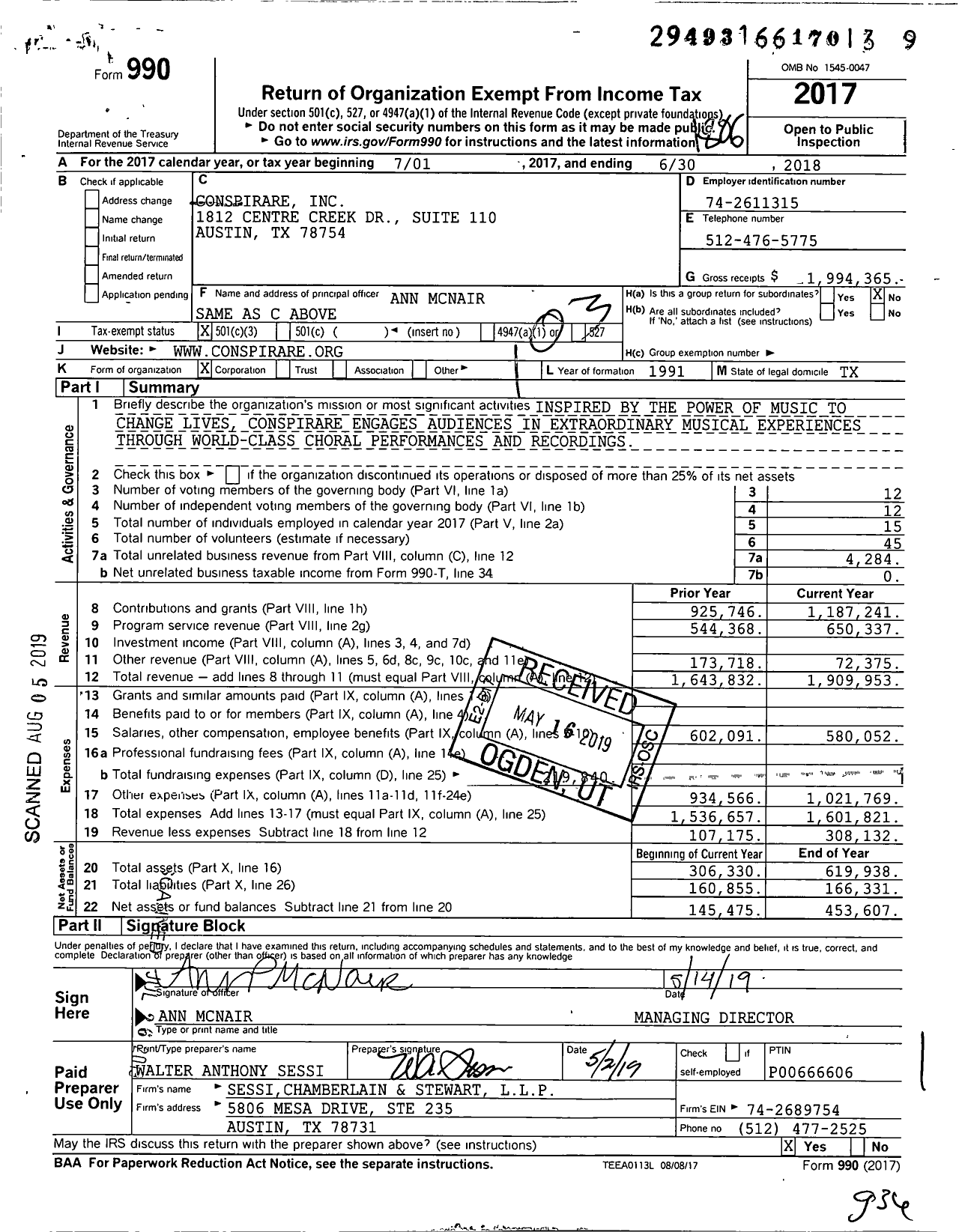 Image of first page of 2017 Form 990 for Conspirare