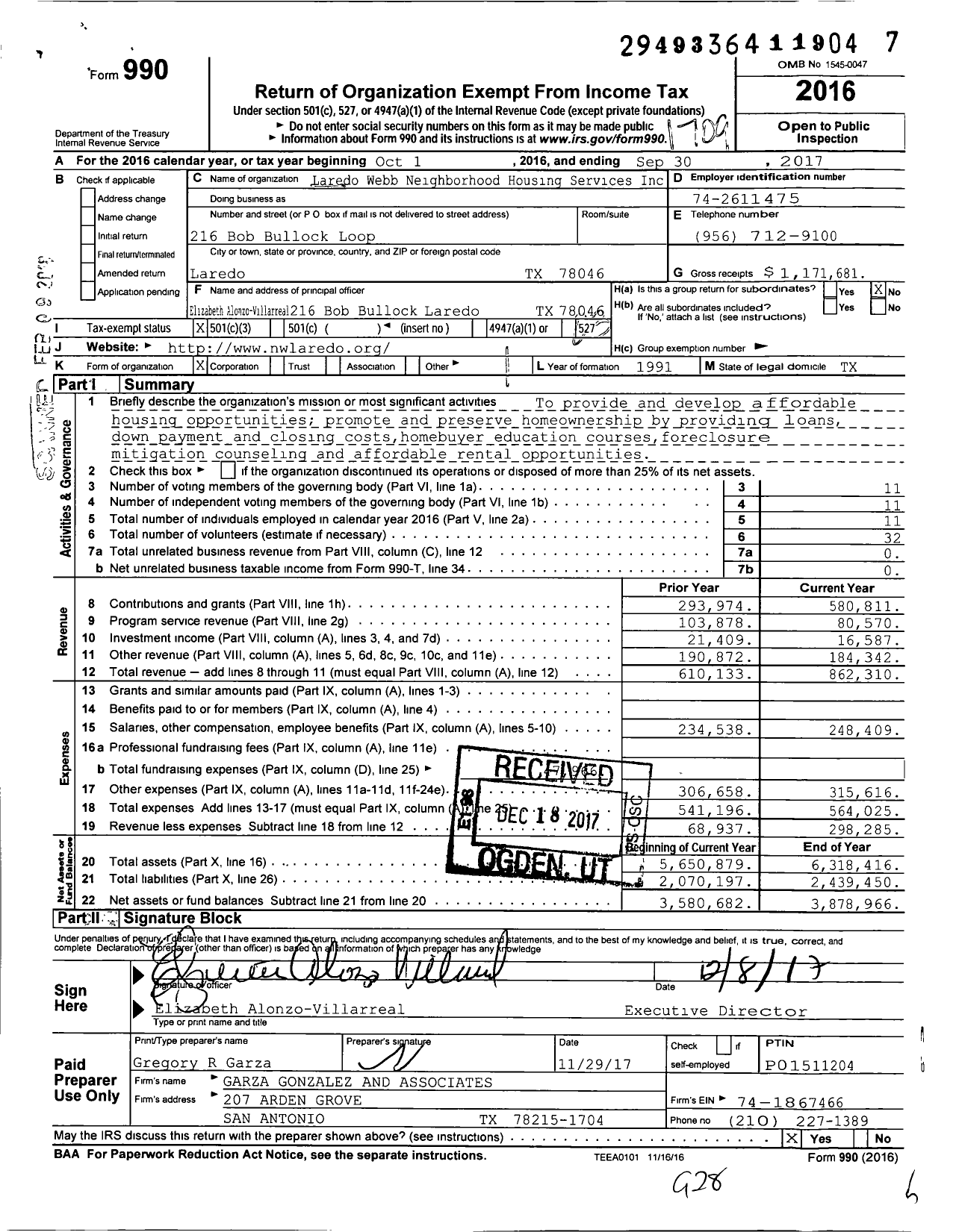 Image of first page of 2016 Form 990 for NeighborWorks Laredo