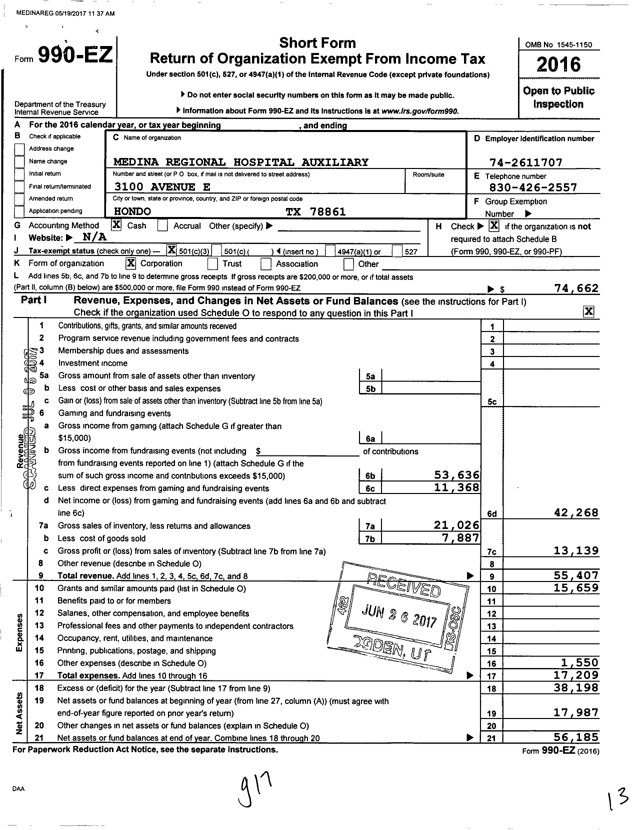 Image of first page of 2016 Form 990EZ for Medina Regional Hospital Auxiliary