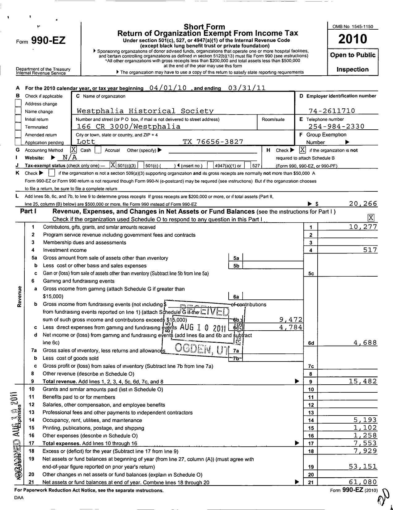 Image of first page of 2010 Form 990EZ for Westphalia Historical Society