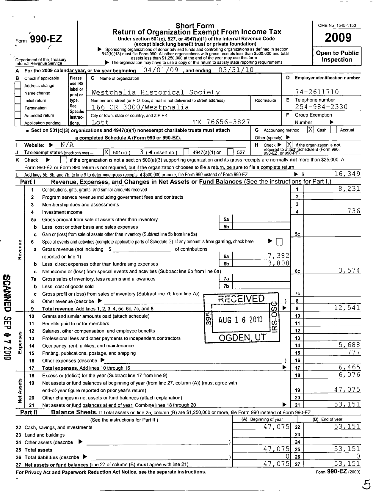 Image of first page of 2009 Form 990EZ for Westphalia Historical Society