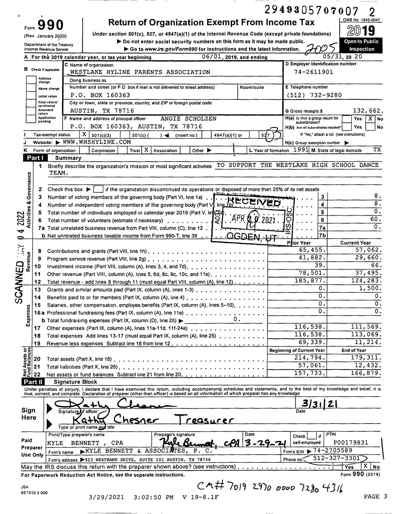 Image of first page of 2019 Form 990 for Westlake Hyline Parents Association