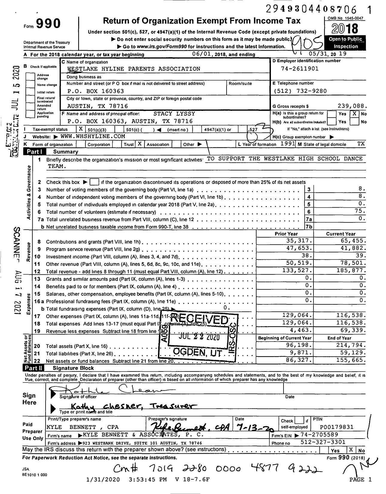 Image of first page of 2018 Form 990 for Westlake Hyline Parents Association