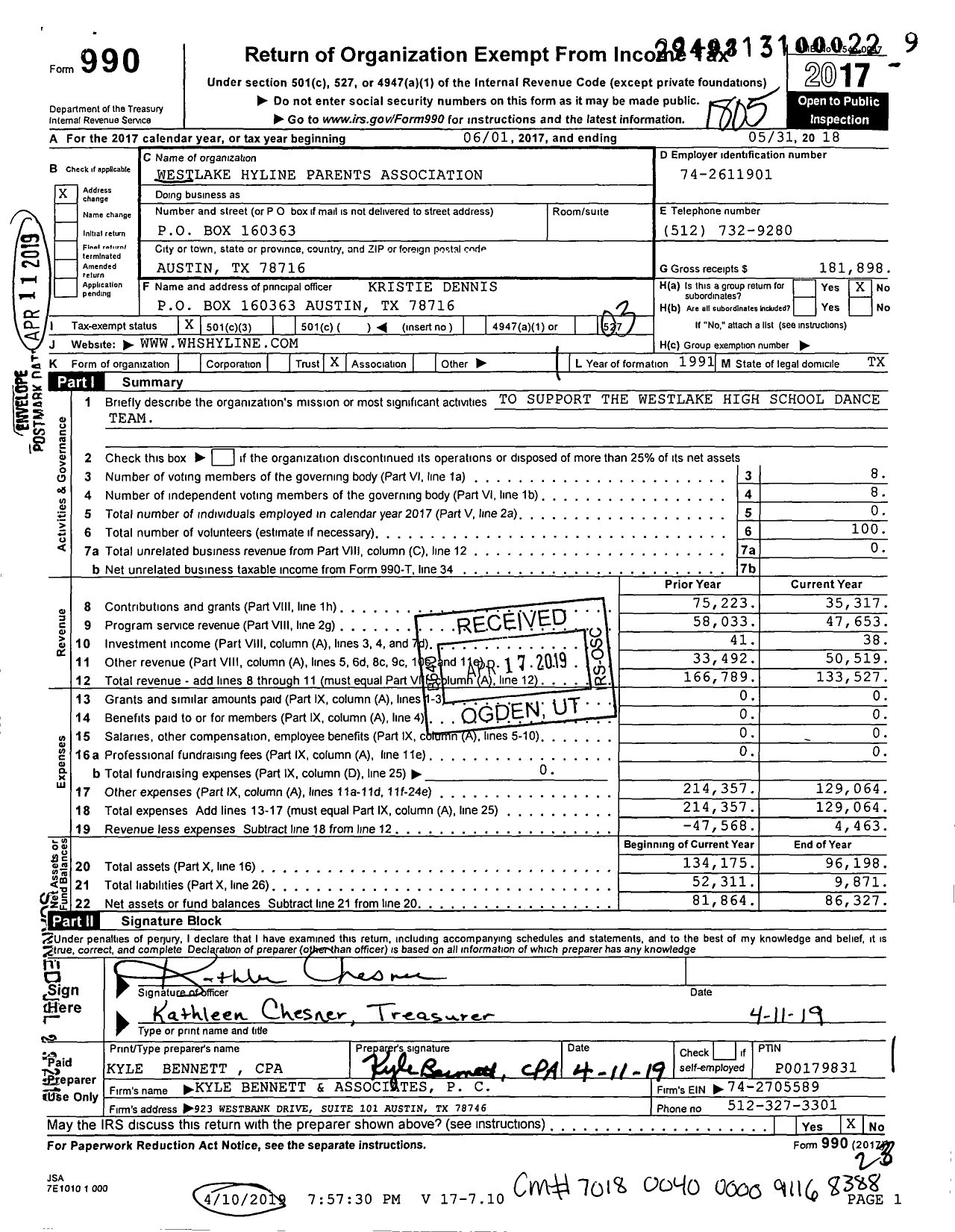 Image of first page of 2017 Form 990 for Westlake Hyline Parents Association