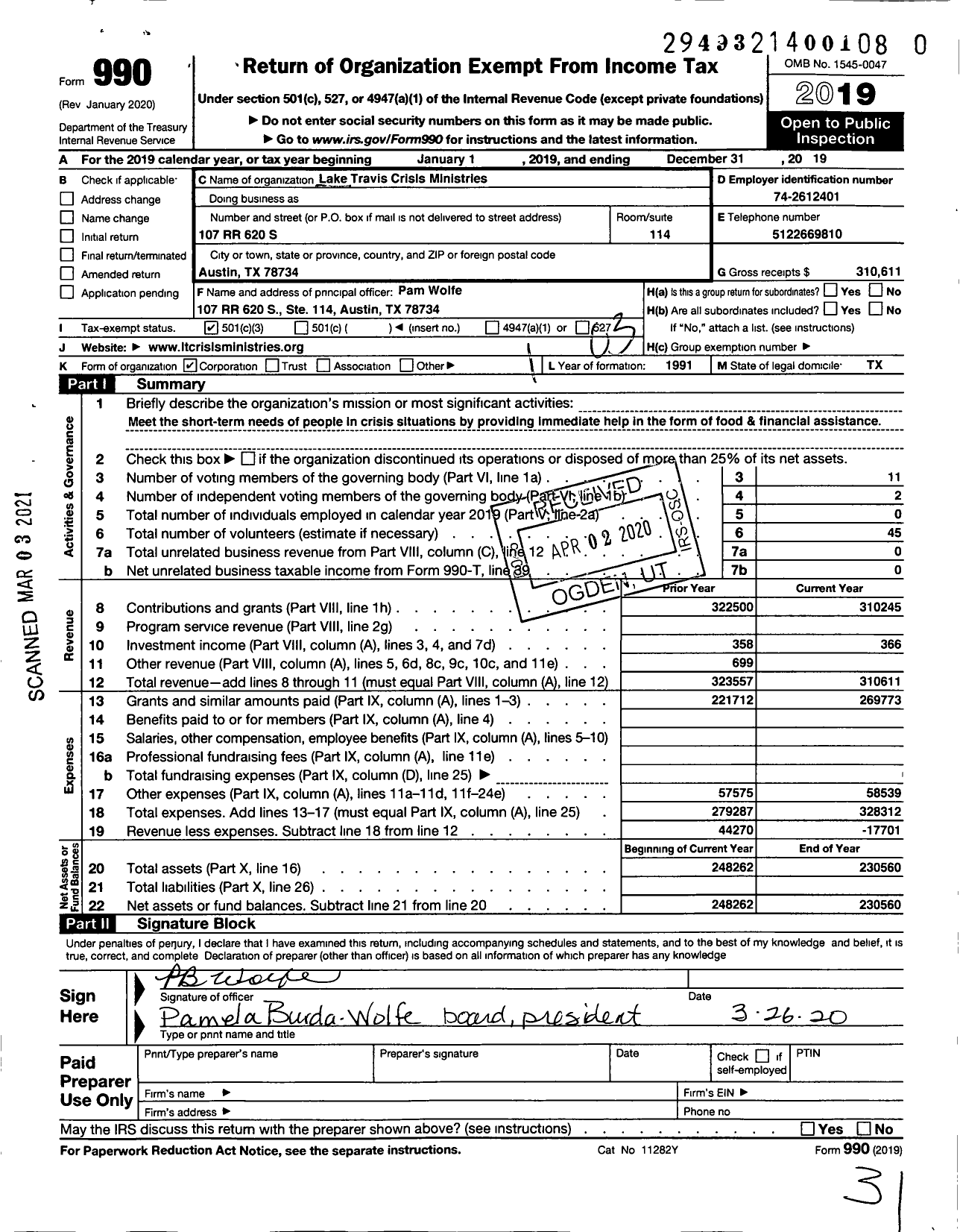 Image of first page of 2019 Form 990 for Lake Travis Crisis Ministries