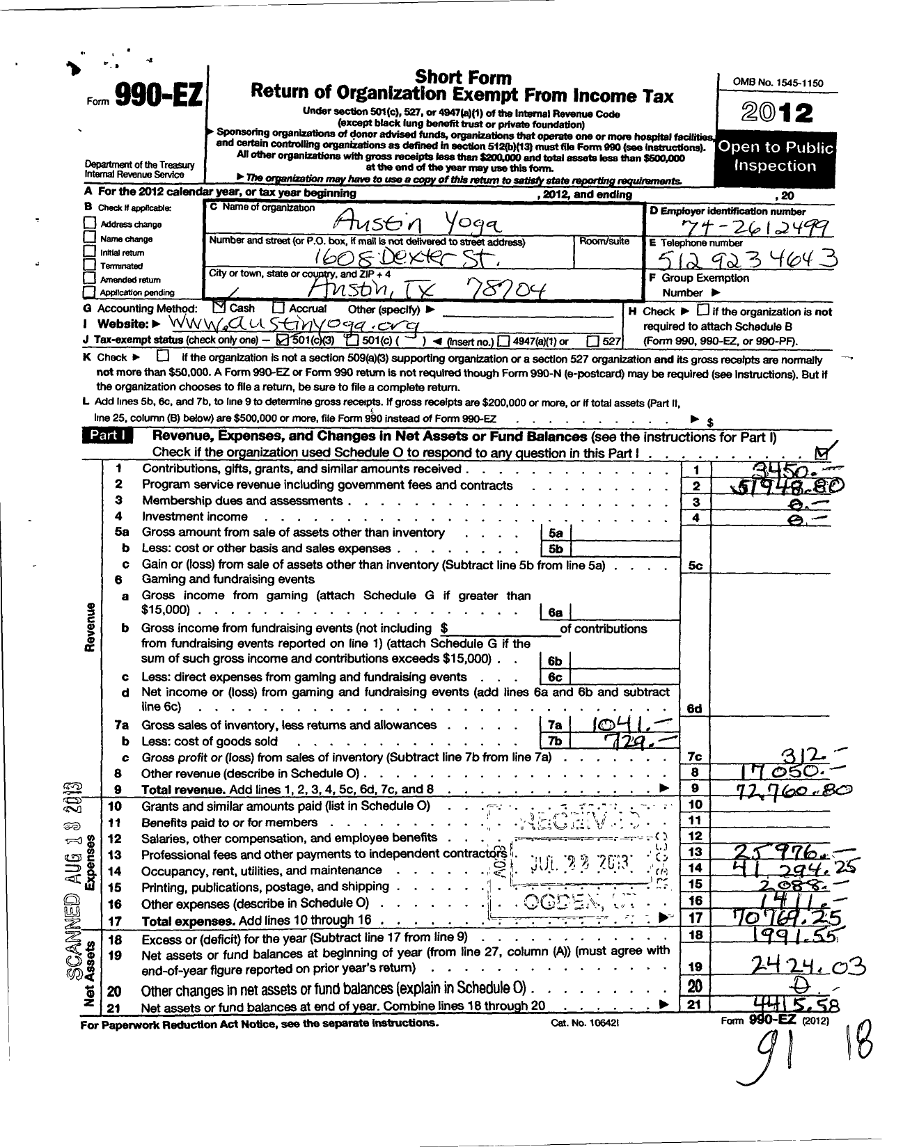 Image of first page of 2012 Form 990EZ for Austin Yoga