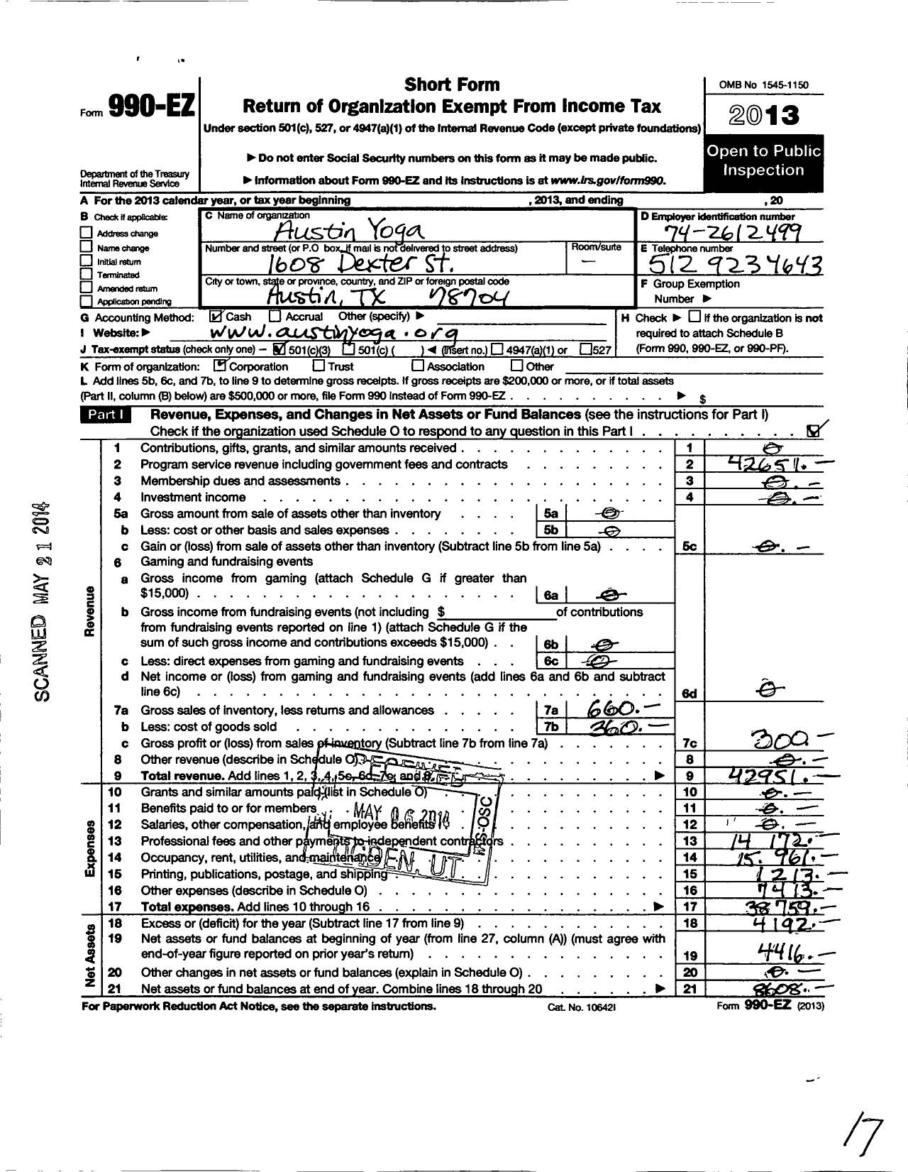 Image of first page of 2013 Form 990EZ for Austin Yoga