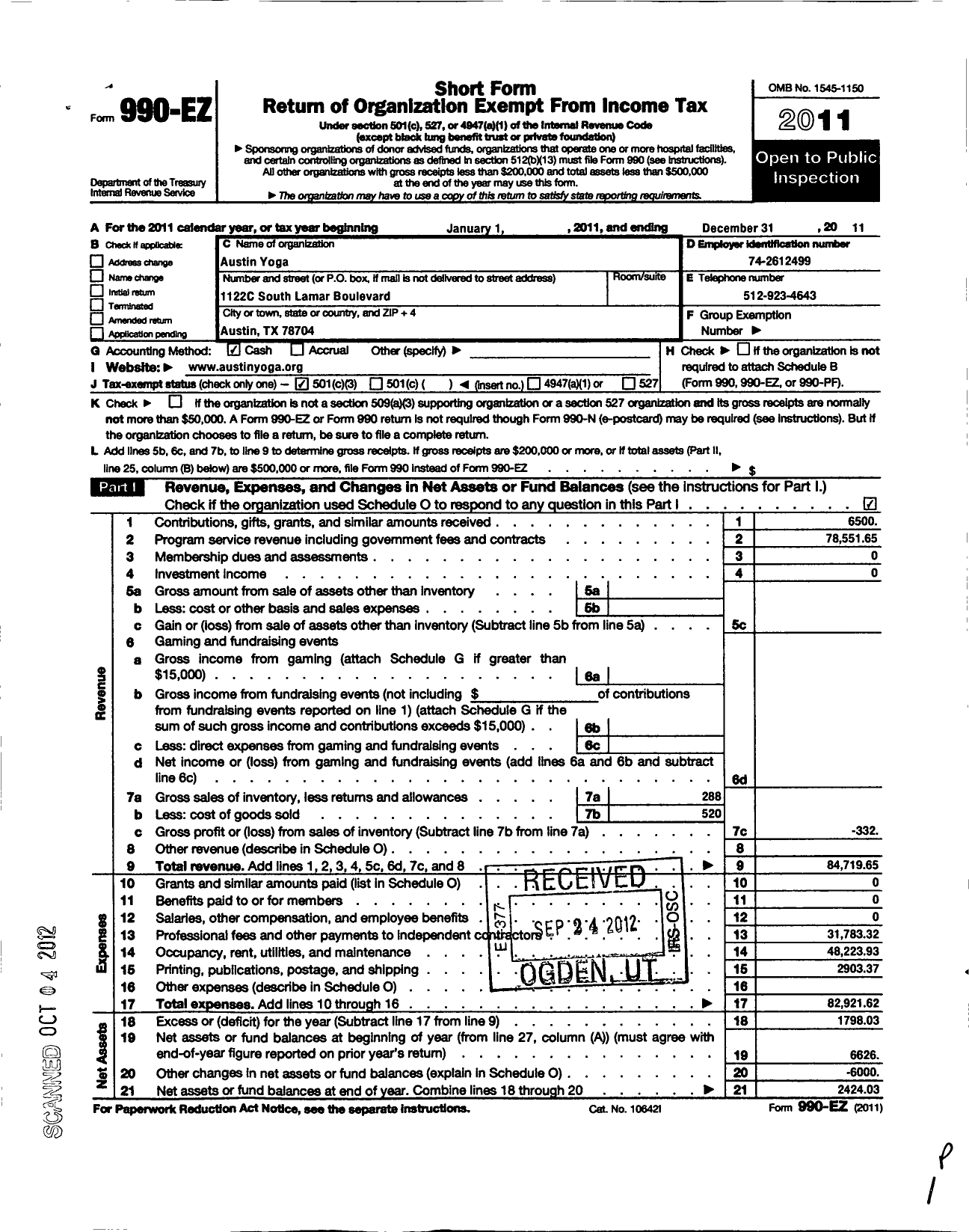 Image of first page of 2011 Form 990EZ for Austin Yoga