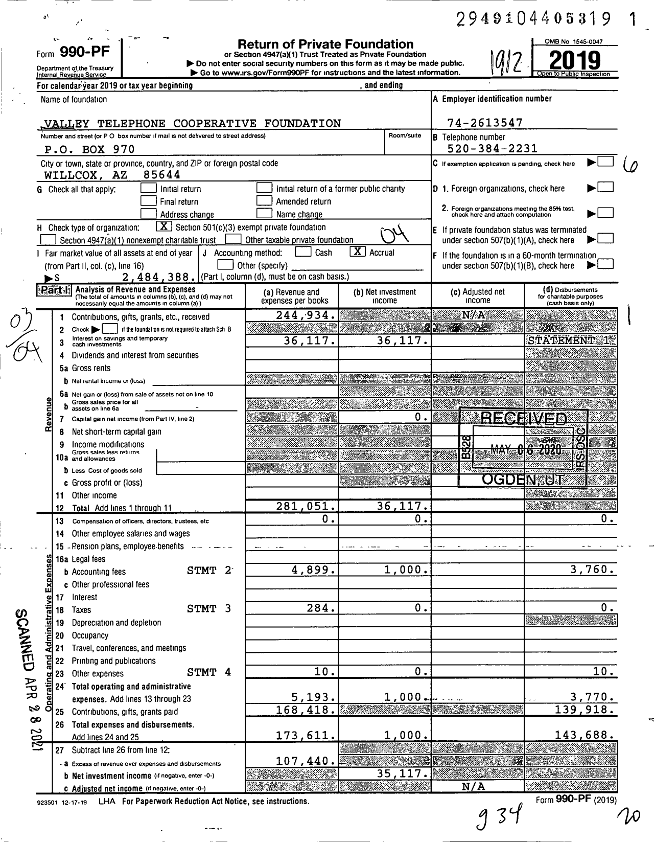 Image of first page of 2019 Form 990PF for Valley Telephone Cooperative Foundation