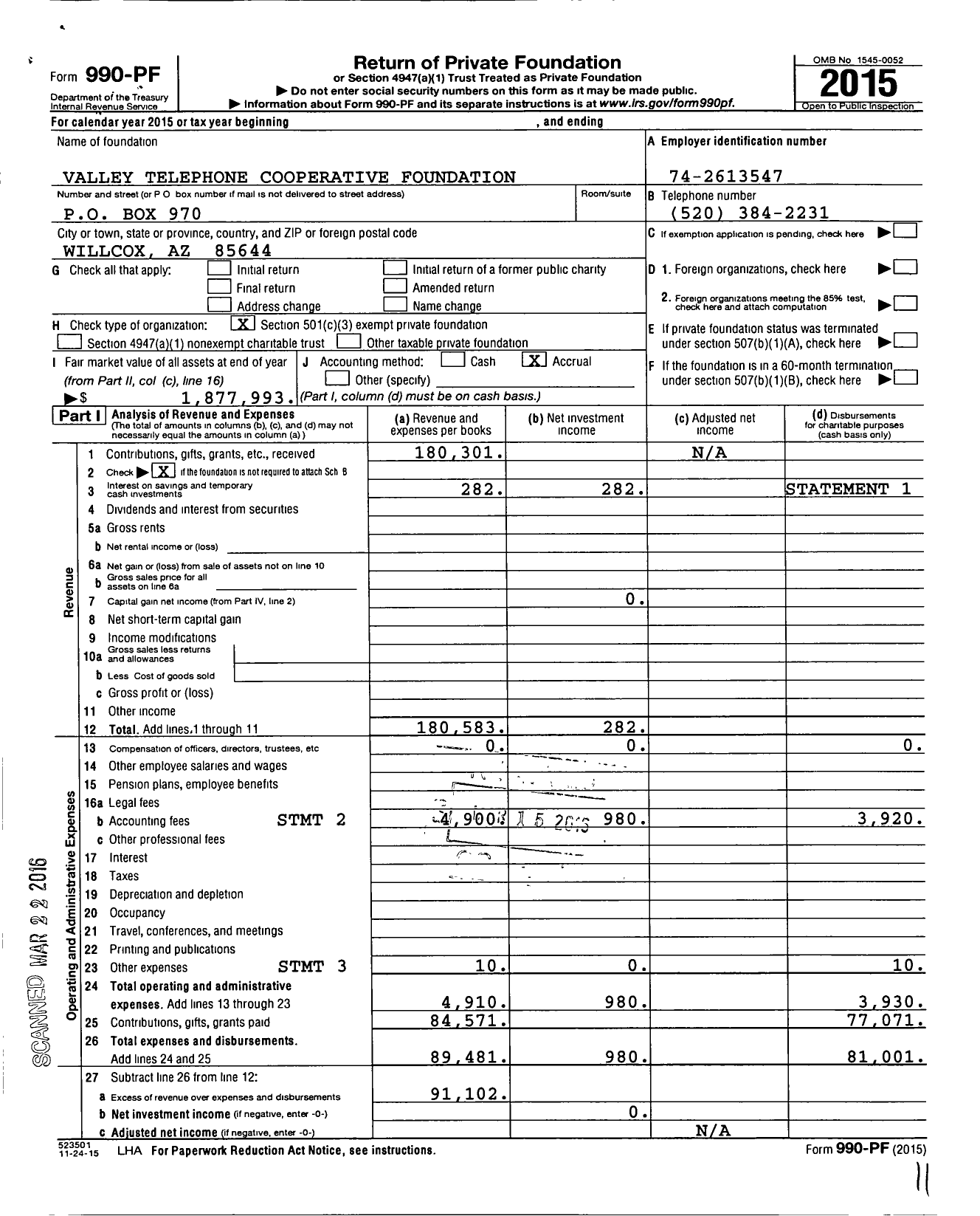 Image of first page of 2015 Form 990PF for Valley Telephone Cooperative Foundation