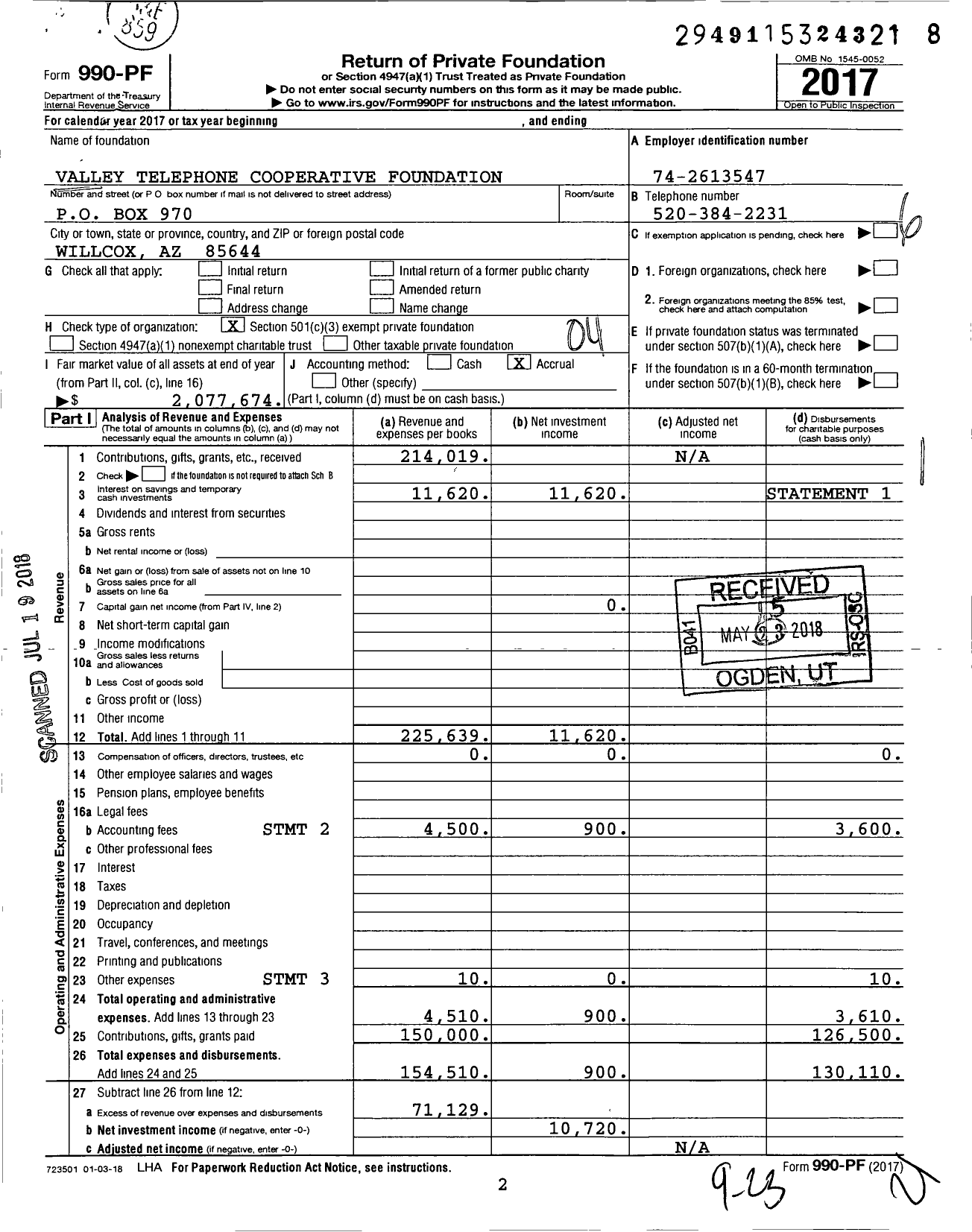 Image of first page of 2017 Form 990PF for Valley Telephone Cooperative Foundation