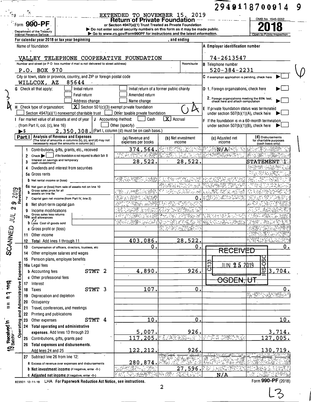 Image of first page of 2018 Form 990PF for Valley Telephone Cooperative Foundation